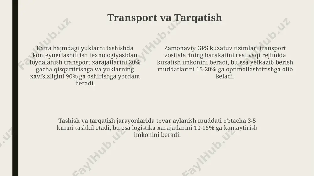 eruvchilar bilan munosabatlarni boshqarish yetkazib beruvchilar bilan strategik hamkorlikni o'rnatish, ularning ishonchliligi va yetkazib berish muddatlariga rioya qilish ko'rsatkichlarini yiliga kamida 2 marta baholash, 90% dan yuqori natijaga erishish maqsad qilinadi. yetkazib beruvchilarning logistika xarajatlarini kamaytirishga qaratilgan takliflari va innovatsion yechimlarini o'rganish va ularning samaradorligini 5% ga oshirish yo'llarini izlash muhim. xavflarni boshqarish strategiyasiga muvofiq, kamida 3 ta zahira yetkazib beruvchiga ega bo'lish, bu yetkazib berish zanjirining uzilishi xavfini 15% ga kamaytiradi. logistika xarajatlarini optimallashtirish logistika xarajatlarini optimallashtirishda, inventarni boshqarish tizimlarini qo'llash orqali 15% gacha tejash mumkin, bu esa omborxonalardagi ortiqcha zaxiralarni kamaytiradi va aylanma mablag'larni yaxshilaydi. yuk tashish shartnomalarini takomillashtirish va raqobatbardosh narxlarni tanlash orqali, transport xarajatlarini 10-20% ga qisqartirish mumkin, shu bilan birga yetkazib berish vaqtiga ta'sir qilmasdan. zamonaviy logistika dasturlari va avtomatlashtirilgan jarayonlarni joriy etish orqali, ma'muriy xarajatlarni taxminan 5-10% ga kamaytirish va ish samaradorligini 20% ga oshirish mumkin. logistika zanjirlari va operatsiyalari: umumiy nuqtai logistika zanjiri …