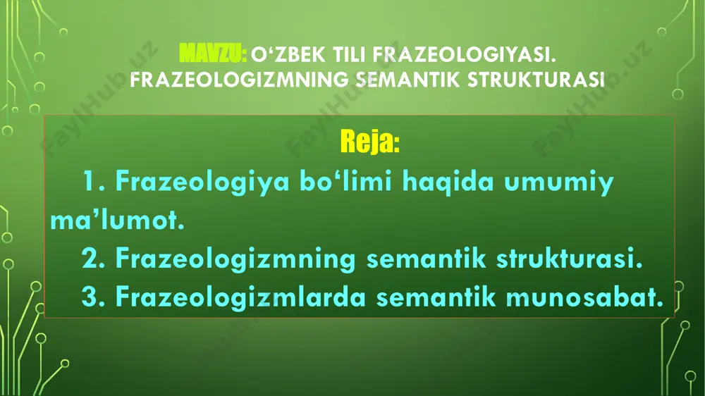 ar hali ham onda-sonda ro‘y berib turibdi. 4. kavushini to‘g‘rilab qo‘yish kerak. (as.mux.) 1- va 2-gaplarda frazeologizmlar gap markazi – kesim mavqeyida, 3-gapda so‘z kengaytiruvchisi aniqlovchi va 4-gapda butun bir egasiz gap vazifasida kelgan. frazeologizm tashqi ko‘rinishi jihatidan so‘z birikmasi yoki gap ko‘rinishida bo‘ladi. so‘z birikmasi ko‘rinishidagi frazeologizm: ko‘ngli bo‘sh, enka-tinkasini chiqarmoq, jig‘iga tegmoq, bel bog‘lamoq, kir izlamoq, terisiga sig‘may ketmoq va h. gap tipidagi frazeologizm «gap kengaytiruvchisi+kesim» qolipi mahsuli: istarasi issiq, ichi qora, labi-labiga tegmaydi, ko‘ngli ochiq, tarvuzi qo‘ltig‘idan tushmoq, kapalagi uchib ketdi, po‘konidan yel o‘tmagan, tepa sochi tikka bo‘lmoq va h.k. ayrim leksik birliklar frazeologizmning tadrijiy taraqqiyoti mahsulidir: dardisar, toshbag‘ir, boshog‘riq. demak, leksema hosil bo‘lish manbalaridan biri – frazeologizm. . fe’l turkumiga mansub frazeologizmlar: me’dasiga tegmoq, yaxshi ko‘rmoq, holdan toymoq, sabr kosasi to‘lmoq, tepa sochi tikka bo‘lmoq, og‘ziga talqon solmoq, podadan oldin chang chiqarmoq. sifat turkumiga mansub frazeologizm: ko‘ngli bo‘sh, rangi sovuq, yuragi toza, avzoyi bejo, dili siyoh, …
