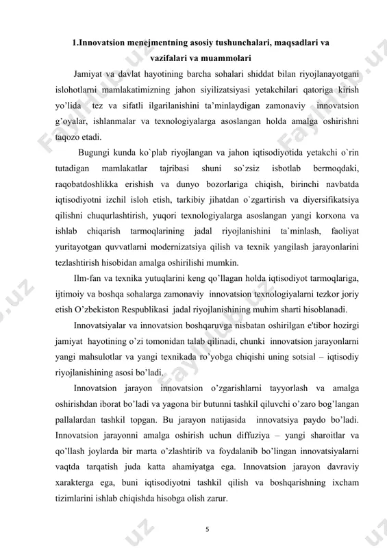 iqtisodiy axborotnomasi jurnali. 4-son// t., -2017 yil, 36-38 betlar] avstriyalik olim y. shumpеtеr tomonidan bеshta tipik o’zgarishlar ajratilgan: 1) yangi tеxnika, yangi tеxnologik jarayonlar va ishlab chiqarishni yangi bozor ta'minotidan foydalanish (oldi - sotdi); 2) yangi xususiyatlarga ega ma'lumotlarni tadbiq etish; 3) yangi xom ashyodan foydalanish; 4) ishlab chiqarish va uning moddiy – tеxnik ta'minotini tashkil qilishdagi o’zgarishlar; 5) yangi sotish bozorlarini paydo bo’lishi. bu qoidalar y. shumpеtеr tomonidan 1911 yildayoq shakllantirilgan. kеyinroq, 30 – yillarda u innovatsiya tushunchasini, uni istе'mol tovarlarining yangi turlari yangi ishlab chiqarish va tеxnik vositalar, bozorlar tashkil shakllarini sanoatga tadbiq etish va ularda foydalanish maqsadidagi o’zgarish sifatida talqin etgan holda kiritgan. ba'zida innovatsiyaga jarayonli tizim sifatida qaraladi, shuning bilan yangilik kiritishni vaqtda riyojlanishi va yaqqol aks ettirilgan bosqichliligi tan olinadi. iqtisodiyotni modеrnizatsiyalash sharoitida innovatsiyalarni bayon qilish mеtodologiyasi xalqaro standartlarga asoslanadi. fan va innovatsiyalar haqidagi axborotlarni to’plash, ishlab chiqish va tahlil qilish bo’yicha ishlarni muvofiqlashtirish uchun …