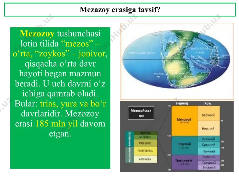 og‘lar, pomir bo‘ylab mavjud bo‘lganligi bu yerda ohaktosh, chig‘anoqtosh, tuz, gips qatlamlarining qalinligi 300 m. ga qadar yetganligi bilan izohlanadi. yura davri: yura davrida o‘zbekiston hududidagi nafaqat ko‘mir konlari balki tojikistondagi yag‘nob, sho‘rob, qirg‘izistondagi ko‘kyong‘oq, toshko‘mir ko‘mir konlari, quyi zarafshon, mang‘ishloq, ural-emba, gaz konlari ham yura davri yotqiziqlarida uchraydi. ushbu davr yotqiziqlari bilan dunyo ko‘mir zahiralari (14%) va neftning (15%) i bog‘liq bo‘lib , bu juda katta ko‘rsatkichdir. chunki ulardan tashqari sharqiy sibir, baykal orti, uzoq sharq, bolqon yarim oroli, eron, mongoliya, xitoy, koreya, kaspiy oldi, kavkaz, g‘arbiy sibir, shimoliy amerika, yaqinva o‘rta sharqdagi mashhur boy konlar ham yura davri yotqiziqlari bilan bog‘liq holda shakllangan. yura davri iqlimi: ushbu davrda nurash jarayoni ta`sirida hosil bo‘lgan yotqiziqlar: boksit, kaolin, temir, nikel konlari va ba’zi olmos sochmalari bog‘liq. yura davriga xos magmatik kelib chiqishga ega bo‘lgan tog‘ jinslari bilan rossiya federatsiyasi, shimoliy va janubiy amerikaning g‘arbida qo‘rg‘oshin ruh, kamyob va nodir metall …