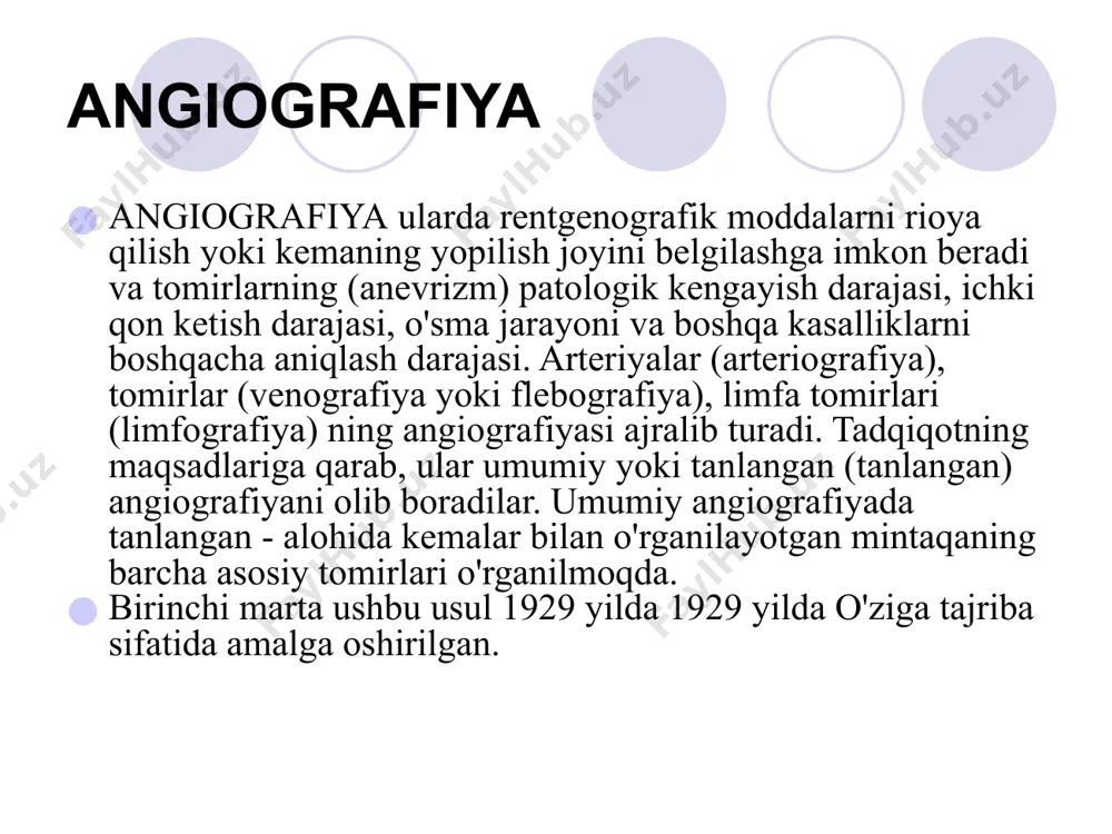 di. qorin bo'shlig'ining aortografiyasi parenximal organlari va qorin bo'shlig'ida qon ketishi yoki oshqozon-ichak traktida qon ketishi, qorin bo'shlig'i organlari va retroperitoneal makonda qo'llaniladi. хulosa zamonaviy texnologiyalar paydo bo'lishi bilan angiografiya faqat diagnostika usulini to'xtatdi. so'nggi o'n yilliklarda, agiografiya tufayli yangi istiqbolli yo'nalish - x-rayendovon qon tomir jarrohligi rivojlanmoqda. antosklerotning rentgen boshqaruvi ostida aterosklerotik blyashka olib kelishi mumkin, uni toraygan tomirning lumeni bilan kengaytirib, devorni maxsus panjara - devor bilan mustahkamlaydi. hozirgi vaqtda bunday operatsiyalar ularning rivojlanishining cho'qqisini boshdan kechirmoqda va ko'p hollarda sizga murakkab operatsiyadan qochish imkonini beradi. image2.png image4.png image5.png image6.png image7.png image8.png image9.png image10.png image11.png image12.png image13.png image1.png