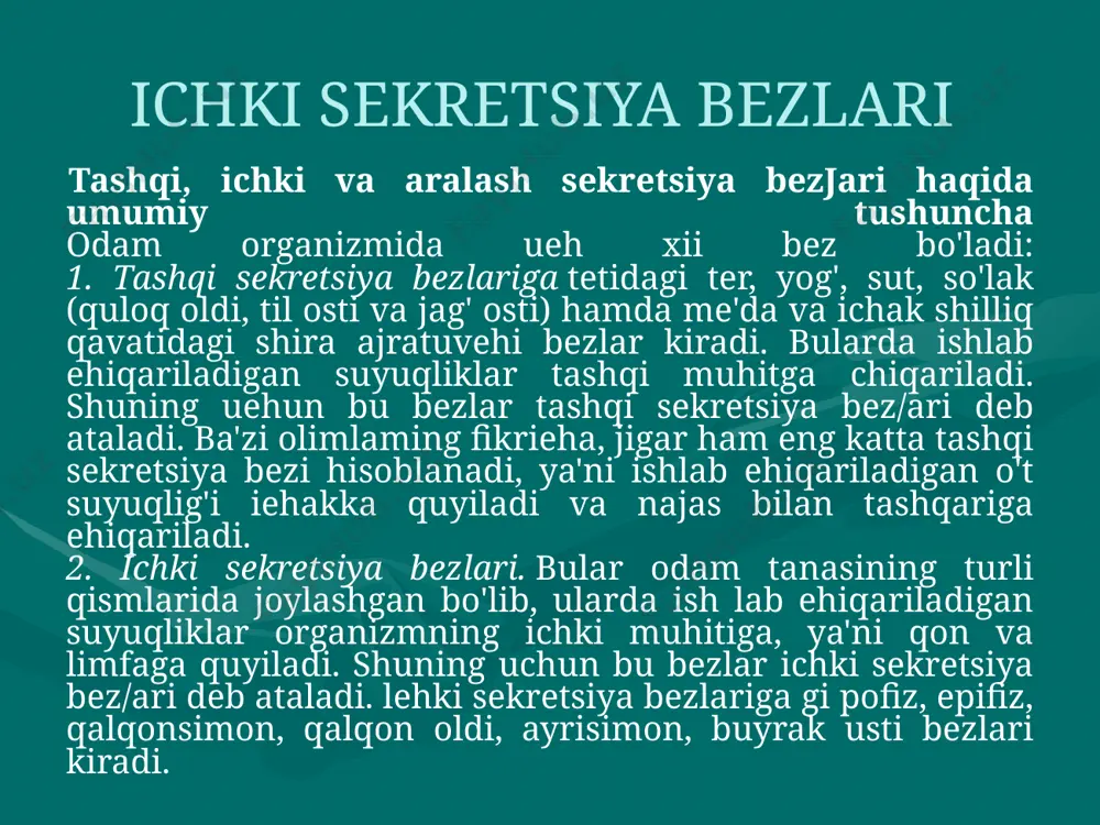 miga teng. ammo shunga qaramay, ular odam organizmidagi bareha moddalar almashinuvi jarayonlarida, to'qima va organlar funk¬sivasininl! boshaarilishida. bolalar hamda o'smirlar organizmining o'sishi va rivojlanishida, ular balog'atga yetishida, odam nasi qol¬dirishida muhim ahamiyatga ega. ichki sekretsiya bezlarining hammasi birga qo'shilgan holda organizmning endokrin sistemasini tashkil etadi. bu bezlar odam tanasining turli qismlarida joylashgan bo'lsa ham, ularning funksiyasi bir-biriga chambarchas bog'liq. shuning uchun odam organizmining endokrin sistemasini orke¬strga o'xshatish mumkin, ya'ni har qaysi bezning ish faoliyati boshqa bezlarning funksiyasi bilan chambarchas bog'liqdir. bu bog'liqlikni gipofiz bezi boshqaradi, ya'ni uni «orkestr»ning dirijyoriga o'xshatish mumkin. gipofiz va epifiz bezlarigipofiz bezi. bu no'xatsimon, massasi 0,5-0,6 g ga teng bo'lib, bosh miyaning ostki sohasida, kalla suyagining turk egarchasi deb atalgan qismida joylashgan. gipofiz uch bo'lakdan iborat: 01¬dingi, oraliq va orqa bo'laklar (2- rasm). gipofizning oldingi bo'lagidan olti xil: somatotrop, adreno¬kortikotrop, tireotrop, gonodotrop, laktotrop, lyuteinlovchi gormonlar ajraladi. somatotrop gormon (stg) bolalar va o'smirlaming o'sishini, rivojlanishini, organizmda oqsillar …