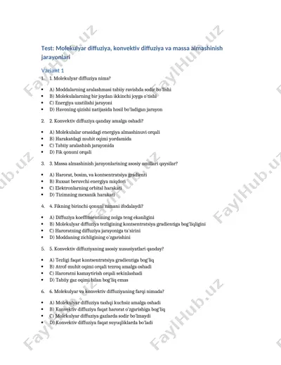 test: molekulyar diffuziya, konvektiv diffuziya va massa almashinish jarayonlari — DOCX