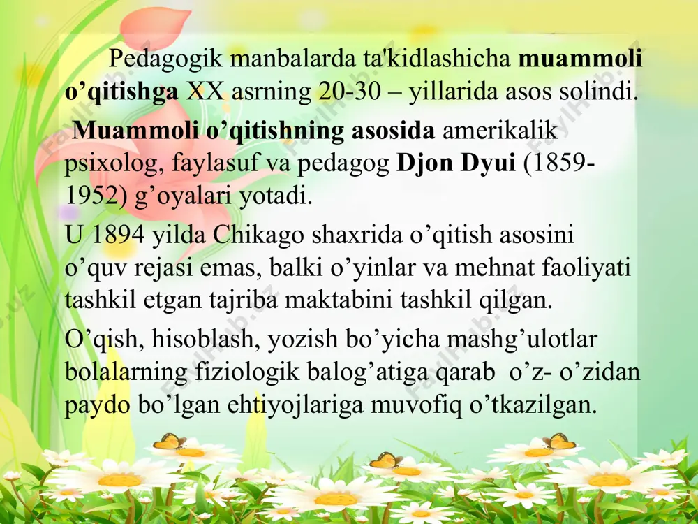 arini shakllantirish bilimlarni ijodiy o’zlashtirish va amalda qo’llash malakalarini shakllantirish bolalarning izlanuvchanligi, qiziqishi, motivlari, mantiqiy tafakkur, ijodiy faoliyati, aqliy kamoloti, idrokini rivojlantirish muammoli o‘qitish usullariga quyidagilar kiradi: tadqiqiy usul evristik usul muammoli vaziyatlar yaratish usuli. o‘qitishning tadqiqiy usullarini qo‘llaganda o‘quvchilarga: nostandart masalalarni tuzish bo‘yicha; shakllantirilmagan savol bilan; ortiqcha ma’lumotlar bilan; o‘zining amaliy kuzatuvlari asosida mustaqil umumlashtirish; yo‘riqnomalardan foydalanmasdan obyekt mohiyatini bayon etish; olingan natijalarni qo‘llash chegaralarini aniqlash; olingan natijalarni qo‘llash darajasini aniqlash; hodisaning namoyon bo‘lish mexanizmini aniqlash; "bir lahzada" topish kabi topshiriqlarni berish mumkin. муаммоли ўқитиш натижасида касбий билим кўникма ва малака фикрлаш қобилияти * 1. муаммоли таълим моҳияти ўқувчиларнинг фаол мустақил фаолияти натижасида билим, кўникма ва малакаларни ижодий ўзлаштириш ва ақлий фаолиятни ривожлантиришга имкон беради муаммоли таълим ўқитишнинг энг асосий шарти бўлиб талабаларни амалий фаолиятга, яъни ўйинга, меҳнатга жалаб қилиш ҳисобланиб, бу жараёнда бирор нимани (“ўрганишни истайман”, “буни қилишни истайман”) эгаллашга эҳтиёж пайдо бўлади. * муаммоли таълимнинг муваффақияти қуйидаги …