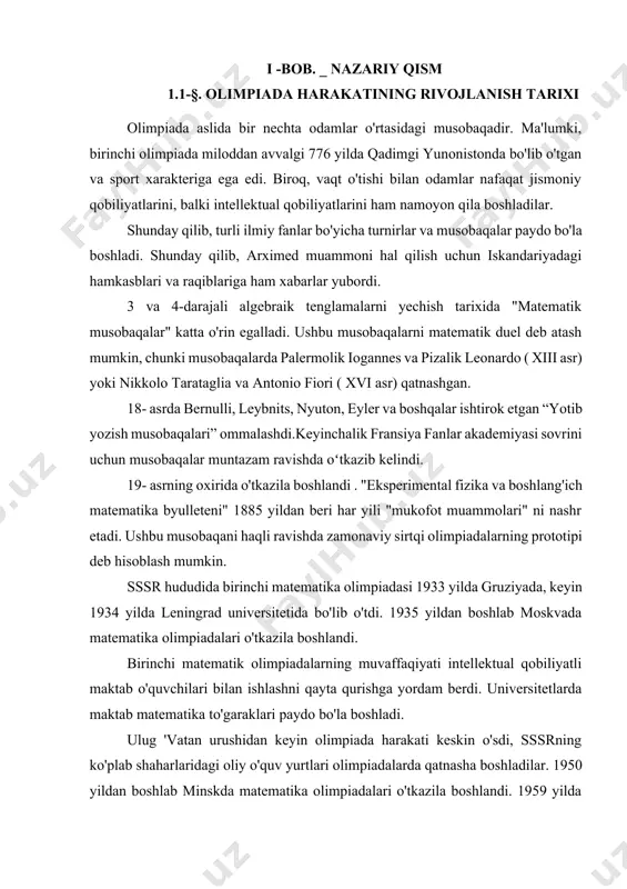 aqani haqli ravishda zamonaviy sirtqi olimpiadalarning prototipi deb hisoblash mumkin. sssr hududida birinchi matematika olimpiadasi 1933 yilda gruziyada, keyin 1934 yilda leningrad universitetida bo'lib o'tdi. 1935 yildan boshlab moskvada matematika olimpiadalari o'tkazila boshlandi. birinchi matematik olimpiadalarning muvaffaqiyati intellektual qobiliyatli maktab o'quvchilari bilan ishlashni qayta qurishga yordam berdi. universitetlarda maktab matematika to'garaklari paydo bo'la boshladi. ulug 'vatan urushidan keyin olimpiada harakati keskin o'sdi, sssrning ko'plab shaharlaridagi oliy o'quv yurtlari olimpiadalarda qatnasha boshladilar. 1950 yildan boshlab minskda matematika olimpiadalari o'tkazila boshlandi. 1959 yilda brasovda birinchi xalqaro matematika olimpiadasi bo'lib o'tdi, unda sssr terma jamoasi ishtirok etdi. 1992 yildan boshlab maktab o'quvchilari uchun belarus matematika olimpiadasi butunittifoq olimpiadasining ajralmas qismi bo'lishni to'xtatdi. shunday qilib, matematika olimpiadasi o'quvchilar uchun ilg'or matematik tayyorgarlikning eng muhim va samarali shakllaridan biri, o'rganish motivatsiyasini rivojlantirish, ijodiy qobiliyatlarni rivojlantirish, kognitiv faollikni oshirish, o'quvchilarning fan bo'yicha bilimlarini chuqurlashtirish va kengaytirish va boshqalarning samarali vositasidir. matematika fanidan olimpiadalar. matematika olimpiadalarining darajalari …