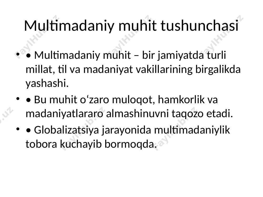 y ahamiyati • til orqali jamiyatda qadriyatlar, urf-odatlar va tarixiy xotira uzatiladi. • multimadaniy muhitda til shaxsning jamiyatga qo‘shilishida vositachilik qiladi. • til – madaniyatlararo ko‘prikdir. milliy identitet va global identitet • milliy identitet – shaxsning o‘z millatiga mansubligini anglashidir. • global identitet – insonning butun dunyo fuqarosi sifatida o‘zini his qilishi. • multimadaniy muhitda bu ikki identitet uyg‘unlashishi mumkin. ona tilining ahamiyati • ona tili – shaxsning o‘zini anglashida asosiy rol o‘ynaydi. • ona tilini bilish shaxsning milliy identitetini saqlaydi. • multimadaniy muhitda ona tilini asrab-avaylash muhim vazifadir. ta’lim va til • ta’lim jarayonida turli tillarning qo‘llanishi muhim. • ikki tilli ta’lim dasturlari o‘quvchilarning identitetini saqlashga yordam beradi. • multimadaniy ta’lim – yoshlarni global dunyoga tayyorlaydi. til va integratsiya • migrantlar yangi jamiyatga integratsiya qilishda til asosiy vosita hisoblanadi. • til bilmagan migrantlar jamiyatdan chetda qolishi mumkin. • til integratsiyani tezlashtiruvchi omildir. multimadaniy muhitda muammolar • til to‘siqlari. • …