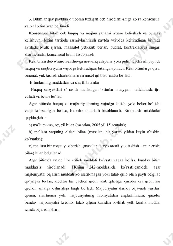 shlab yetti kunlik muddat ichida bajarishi shart. shartli bitim deb taraflar o`rtasida tuziladigan bitimning amalga oshirilishi yoki bekor bo`lishi, biron-bir shartga bog`lab qo`yilishiga aytiladi. shartli bitimlar ikki xil ko`rinishda bo`ladi: a) sharti kechiktirilgan; b) bekor bo`lish sharti bilan tuzilgan bitimlar. fk 104-moddasining birinchi qismida aytilganidek, agar taraflar huquq va burchlarning kelib chiqishini yuz berishi yoki bermasligi noma`lum bo`lgan holatga bog`liq qilib qo`ysalar, bitim sharti kechiktirish sharti bilan tuzilgan hisoblanadi. aytaylik, uy egasi turar joyni ijaraga berilishini o`g`lining ma`lum vaqtga boshqa shaharga o`qishga ketishi sharti bilan bitim tuzadi, agar o`g`li boshqa shaharga ketmasa, bunda taraflar o`rtasida hech qanday huquq ham, majburiyat ham vujudga kelmaydi. fk 104-moddasining ikkinchi qismi bekor bo`lish sharti bilan tuzilgan bitimni ta`kidlaydi. unda ko`rsatilishicha, agar tarafning huquq va burchlarining bekor bo`lishining yuz berishi yoki bermasligi noma`lum holatga bog`liq qilib qo`ysalar, bunday bitim bekor bo`lish sharti bilan tuzilgan bitim hisoblanadi. masalan, turar joyni ijaraga beruvchi fuqaro muayyan bir hol …