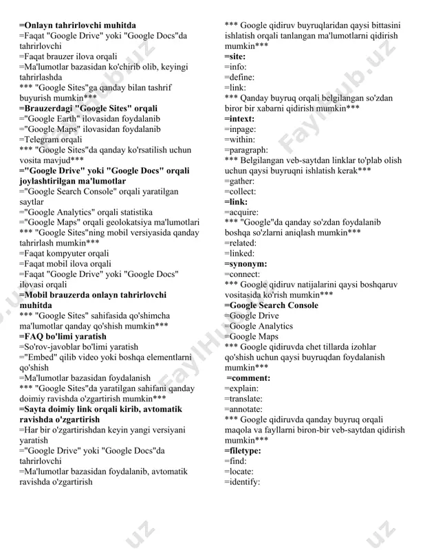 ** ="google sites" platformasidan foydalanish ="google search console" orqali yaratish ="google drive"dan foydalanish ="google analytics"ni o'rnatish orqali yaratish *** "google sites" platformasida qo'shimcha funksiyalardan biri nima*** =eslatma xabarlari jo'natish =xotira maydonini chegaralash =jamoa ishchiqqa ega bo'lish =telegram bilan integratsiya qilish *** google site tayyorlashda qanday qo'shimcha vositalardan foydalanish mumkin*** =xotira maydonini qo'shish =jamoa ishchiqni qo'shish =xatolar va maslahatlar bo'limini qo'shish =maqola va ma'lumotlarini yuklash "google sites"da qanday sahifalar yaratish mumkin*** =kerakli ma'lumotlarni kiritib, avtomatik ravishda yaratish ="google drive" yoki "google docs"dan ko'chirib olish =brauzerdagi "extensions" orqali yaratish ="google slides" orqali yaratish *** "google sites" sahifasidagi matn qanday tahrirlash mumkin*** =onlayn tahrirlovchi muhitda =faqat "google drive" yoki "google docs"da tahrirlovchi =faqat brauzer ilova orqali =ma'lumotlar bazasidan ko'chirib olib, keyingi tahrirlashda *** "google sites"ga qanday bilan tashrif buyurish mumkin*** =brauzerdagi "google sites" orqali ="google earth" ilovasidan foydalanib ="google maps" ilovasidan foydalanib =telegram orqali *** "google sites"da qanday ko'rsatilish uchun vosita mavjud*** ="google …