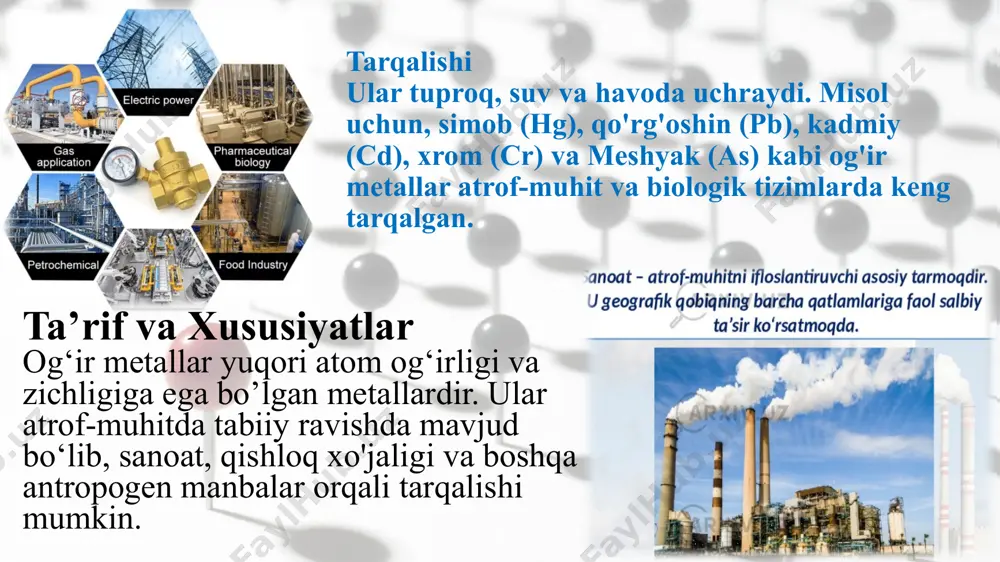 naydi, ammo og'ir metallar ularning faoliyatini buzishi mumkin. kadmiy, misol uchun, buyraklar shikastlanishiga olib kelishi mumkin. jigar jigar ham og'ir metallarning ta'siriga juda sezgir. surunkali zaharlanish jigarning funktsiyalarini buzishi va jigar kasalliklariga olib kelishi mumkin. masalan, arsenik jigarga zarar yetkazishi mumkin. diagnostika usullari aas atom-absorbsion spektrometriya (aas) – bu og‘ir metallarni aniqlash uchun ishlatiladigan analitik usul. u atomlarning ma’lum to‘lqin uzunligidagi yorug‘likni yutish qobiliyatiga asoslangan. aas usuli nisbatan arzon va ko‘plab laboratoriyalarda mavjud. icp-ms induktiv bog‘langan plazma mass-spektrometriya (icp-ms) – bu og‘ir metallarni aniqlash uchun ishlatiladigan juda sezgir usul. u namunani yuqori haroratli plazmada ionlashtirishga va keyin mass-spektrometr yordamida ionlarni aniqlashga asoslangan. namuna turlari suv, tuproq, havo, biologik materiallar (qon, siydik, tola) kabi turli xil namunalar og‘ir metallar diagnostikasida ishlatilishi mumkin. qoidalar va sharoitlar namuna olish qoidalari va saqlash sharoitlariga rioya qilish muhim. namunalarni ifloslanishdan himoya qilish va ularning tarkibini o‘zgartirmaslik kerak. tayyorlash bosqichlari namunalarni analizga tayyorlash bosqichlari eritish, suyultirish …