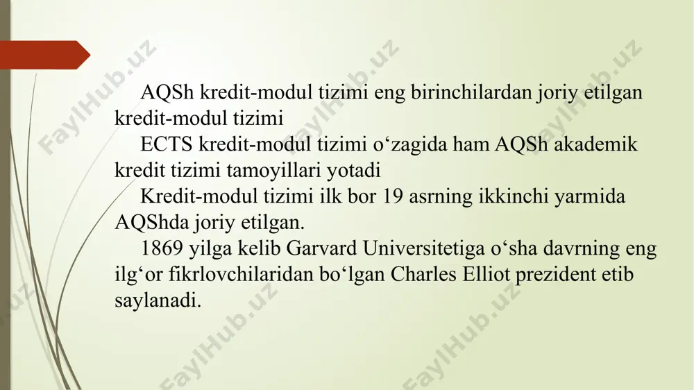 hlari uchun tan olinishiga erishish edi 1989 yilda yangi kredit-modul tizimi qoidalarini ishlab chiqadi va uni european credit transfer system (ects) deb nomlaydi. yevropa ittifoqi davlatlari universitetlari o‘rtasida talabalar almashinuvi rivojlana boshlaydi. 1999 yilga kelib yevropada bolonya protsessi deb atalgan yevropa mamlakatlari oliy ta’lim vazirliklari o‘rtasida o‘zaro hamkorlikni rivojlantirish xalqaro forumi ish boshlaydi. forumning maqsadi yevropa davlatlarida oliy ta’lim standartlari va sifatini uyg‘unlashtirishga qaratilgan edi. hozirda ects kredit-modul tizimi yevropaning 48 davlati oliy ta’lim muassasalari tomonidan turli darajada ta’limni boshqarish usuli sifatida foydalanib kelinmoqda. kredit nima ? (ta’limda) • kredit – bu, olingan bilimni qachon yoki qaerda olinganidan qatiy nazar, hisobini chiqarish va tan olish demakdir. almashinuv birligi. • modul – bu alohida individual o‘quv fani. o‘zida bilimga egalik qilish va kasbiy jihatlarini qamrab olgan bo‘lib, ta’lim oluvchilarning o‘quv dasturini o‘zlashtirish natijasida shakllangan bilim, ko‘nikma va kompetensiyalarni nazorat qilishning tegishli turi bilan yakunlanishni nazarda tutadi. • kredit-modul o‘qitish tizimi esa, …