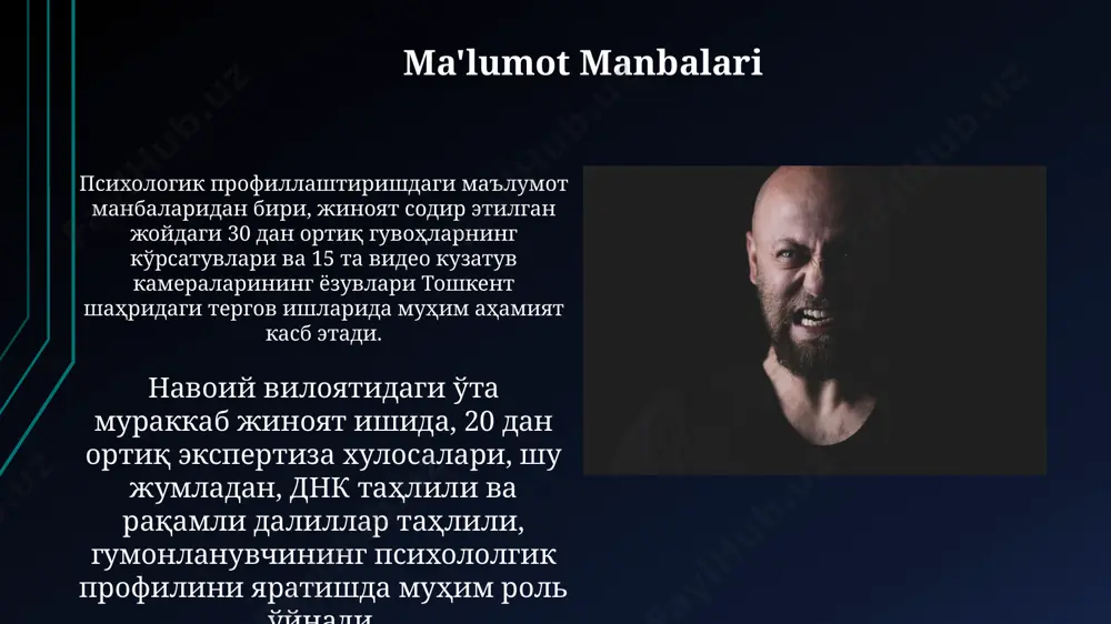 yoshgacha bo'lgan toshkent shahri aholisi orasida o'g'irlik va firibgarlik kabi jinoyatlarning 70% ini tashkil etadi, bu psixologik profilni tuzishda muhim ahamiyatga ega. psixologik profilning qo'llanilishi jahon miqyosida, 80% dan ortiq terrorchilik harakatlarini oldini olishda, potentsial xavfni aniqlash uchun psixologik profillar tahlili, maxsus xizmatlar tomonidan ma'lumotlar bazasiga kiritilgan 15000 dan ortiq shaxsning ma'lumotlarini tahlil qilish orqali amalga oshiriladi. o'zbekistonning toshkent shahridagi sud-psixiatriya ekspertizasi muassasalarida psixologik profillar, ayniqsa, og'ir jinoyatlarni tergov qilishda, ayblanuvchining motivlarini aniqlashda va 5-10 yillik qamoq jazosini belgilab berishga yordam berishda qo'llaniladi. xulq-atvor modellari xulq-atvor modellari yordamida 30% ga yaqin jinoyatchilarni aniqlash mumkin, bu esa oʻzbekistonning janubiy hududlarida oʻtkazilgan tajriba natijalariga asoslangan. xulq-atvor modellari, 5 ta asosiy shaxs turidan iborat boʻlib, ularning har biri 20 dan ortiq xususiyatlar bilan tavsiflanadi va bu modellarning samaradorligi toshkentdagi 100 ta jinoyat ishi tahlilida isbotlangan. ma'lumotlarni tahlil qilish ma'lumotlarni tahlil qilishda, 2000 yildan keyin aqshda sodir bo'lgan 50 ta qotillik holatini o'rganish natijasida, …
