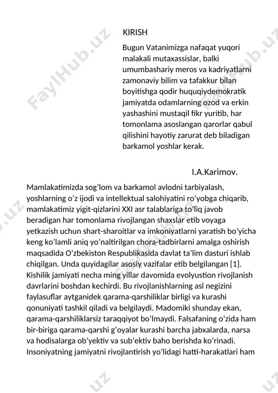 1]. shuning uchun ham mustaqillikning dastlabki yillaridanoq butun mamlakat miqyosida ta’lim-tarbiya, ilm-fan, kasb-hunar o’rganish sohalarini isloh qilishga nihoyatda katta zaruriyat sezila boshladi. busiz jamiyatimizning biron-bir sohasini o’zgartirishga kirishib bo’lmasdi. islohatlarning taqdiri va samarasi birinchi navbatda kadrlarning saviyasiga, ularning zamon va taraqqiyot talablariga nechog’lik javob berishiga taqalib qolar edi. yurtimizning ertangi hayoti va taqdirishu muammolarni yechish bilan bog’liqligini har qaysi fikrlovchi odam anglashi qiyin emas. ushbu muammolarni yechish uchun ta’limdagi yuzakichilikdan voz kechish, har bir soha, xar bir fanni zamon talabi darajasida aniq, ravon, tushunarli tarzda o’qitish, buning uchun esa, ta’lim berishdagi ilg’or ish tajribalaridan, dars o’tishning samarali metodlaridan va zamonaviy pedagogik texnologiyalardan foydalangan holda mahorat bilan dars o’tadigan o’qituvchi kadrlar zarur. har bir soha, har bir fan bo’yicha dars beruvchi o’qituvchi o’z fanini mukammal bilishi, uni yosh avlodga o’rgatish uchun bo’ladigan barcha qiyinchilik va muammolarga bardoshli bo’lishi, chigalliklarni oqilona hal qilmog’i kerak. eskicha ishlash, erishilgan natijalarni oshirib ko’rsatish, sifat o’rniga …