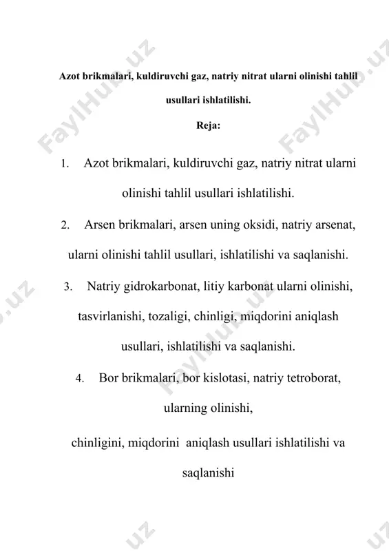 kukun, suvda eriydi, spirtda kam eriydi. suvli eritmalari kuchsiz ishqoriy muhitga ega ph  8,4. chinligi. na+ - alangani sariq rangga bo’yaydi tozaligi. cl-, so4, fe+3, me+2, ca+2, as+3 ga tekshirib ko’riladi. nh4+ xususiy yot aralashma. miqdorini aniqlash. 1 g preparatni 280 – 300 s da doimiy og’irlikgacha qizdirilganda, massasi 36,6% dan kam yo’qotmasligi kerak. bunda preparatning miqdori – 99,15% ga mos keladi. ishlatilishi. ingalyatsiyada, ko’z va yuqori nafas yo’llari shamollashida, me’da shirasining kislotaliligi ortib ketganda ishlatiladi (eritma yoki tabletka holida chiqaziladi). saqlanishi. og’zi mahkam berkitilgan idishlarda saqlanadi. lithii carbonas – li2co3 olinishi. lipidolit mineraldan olinadi - li2o  al2(oh)6  sio2 2licl + na2co3  li2co3 + 2nacl tasvirlanishi. oq kukun, suvda qiyin eriydi, spirtda erimaydi. suvli eritmasi ishqoriy xossaga ega. suvli eritmasi qizdirilganda loyqalanadi. tozaligi. umumiy yod aralashmalar tekshirib ko’riladi. miqdori. ishlatilishi. mns ning qo’zg’aluvchanligini pasaytirish maqsadida ishlatiladi. saqlanishi. og’zi mahkam berkitilgan idishlarda saqlanadi. bor birikmalari acidum boricum …