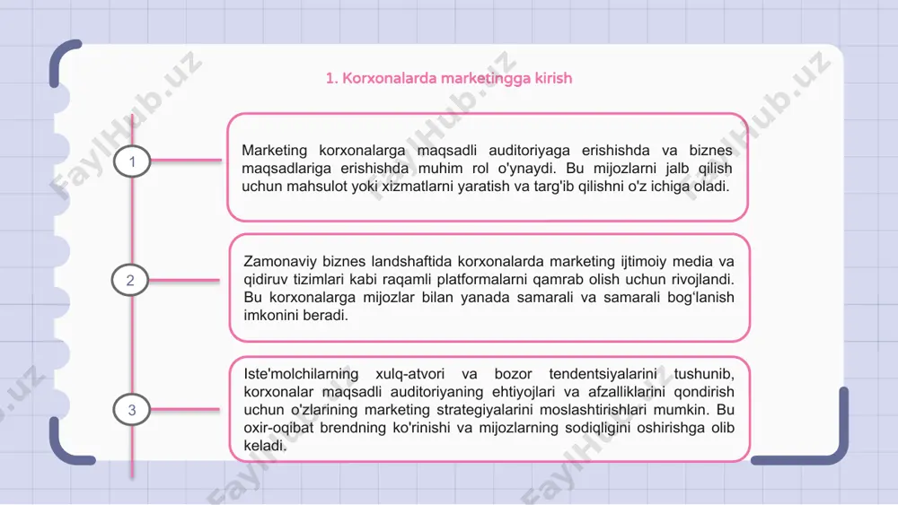 va o'lchovlarni talab qiladi. 1 2 3 7. korxonalarda marketing roini o'lchash korxonalarda marketing roini o'lchash marketing strategiyalari va investitsiyalar samaradorligini baholash uchun juda muhimdir. investitsiyalar rentabelligini tahlil qilib, korxonalar resurslarni qaerga taqsimlash to'g'risida asosli qaror qabul qilishlari mumkin. marketing roini hisoblash uchun mijozlarni sotib olish qiymati, mijozning umr bo'yi qiymati va konversiya stavkalari kabi turli ko'rsatkichlar qo'llaniladi. ushbu tushunchalar kompaniyalarga marketing harakatlarini optimallashtirish va yaxshi natijalarga erishishga yordam beradi. to'g'ri vositalar va jarayonlar mavjud bo'lsa, korxonalar o'zlarining marketing kampaniyalari samaradorligini aniq kuzatishlari va o'lchashlari mumkin. ushbu ma'lumotlarga asoslangan yondashuv korxonalarga o'zlarining marketing strategiyalarini doimiy ravishda takomillashtirish va o'sishni rag'batlantirish imkonini beradi. e'tiboringiz uchun rahmat