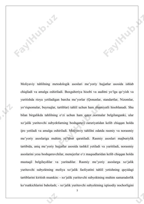 i (metodlari)ni aniqlash, tahlilni o‘tkazish va olingan natijalarni umumlashtirish. tahlil yetishning metodologik asoslari ko‘pincha huquqiy manbalarga tayangan holda tuzib chiqiladi. xo‘jalik yurituvchi subyektlar faoliyatini moliyaviy tahlil yetishning amaldagi normalariga quyidagilarni kiritish mumkin: buxgalteriya hisobining milliy standartlari (bhms); “korxonalarning moliyaviy iqtisodiy ahvoli monitoringi va tahlilini o‘tkazish mezonlarini aniqlash tartibi to‘g‘risida”gi o‘zbekiston respublikasi iqtisodiyot vazirligi qoshidagi iqtisodiy nochor korxonalar ishlari qo‘mitasi qarori; “davlat ulushi bo‘lgan aksiyadorlik jamiyatlari va boshqa xo‘jalik yurituvchi subyektlar faoliyati samaradorligini baholash mezonlarini joriy yetish to‘g‘risida” vazirlar mahkamasi qarori; moliyaviy hisobotlarning xalqaro standartlari (mhxs). “moliyaviy hisobotni tayyorlash va taqdim yetish uchun konseptual asos” deb nomlangan bhmsda moliyaviy hisobot maqsadi sifatida quyidagilar bayon yetilgan. “moliyaviy hisobotning maqsadi xo‘jalik subyektining moliyaviy ahvoli, faoliyati, moliyaviy ahvolidagi o‘zgarishlar to‘g‘risidagi axborotni taqdim yetishdan iborat...”. moliyaviy hisobot axborotni quyidagilar uchun ham saqlaydi: investitsiya qarorlarini va kreditlar berishga doir qarorlarni qabul qilish; xo‘jalik yurituvchi subyektning bo‘lg‘usi pul oqimiga baho berish; xo‘jalik yurituvchi subyektga ishonib topshirilgan resurslar …