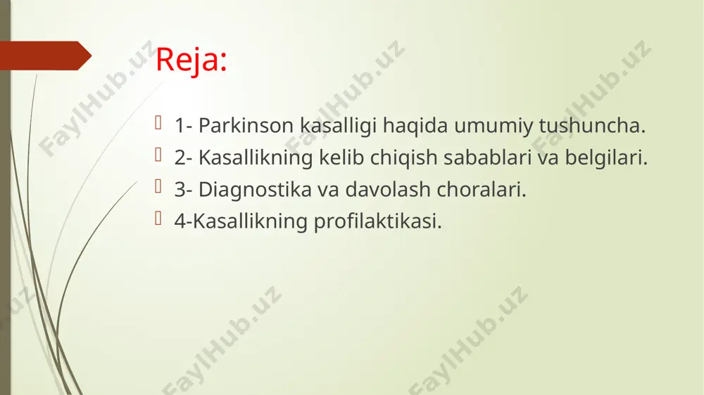 ning sekinligi muvozanat va muvofiqlashtirishning buzilishi, ba'zida tushishga olib keladi boshqa alomatlar bo'lishi mumkin: depressiya va boshqa hissiy o'zgarishlar yutish, chaynash va gapirishda qiyinchilik siydik chiqarish muammolari yoki ich qotishi teri muammolari parkinson kasalligining belgilari va rivojlanish tezligi odamlarda farq qiladi. ushbu kasallikning dastlabki belgilari nozik va asta-sekin paydo bo'ladi. misol uchun, odamlar engil titroqni his qilishlari yoki stuldan chiqishda qiyinchiliklarga duch kelishlari mumkin. ular juda yumshoq gapirayotganini yoki qo'l yozuvi sekin va tor yoki kichik ko'rinishini sezishi mumkin. parkinson kasalligiga nima sabab bo’ladi? parkinson kasalligining eng ko'zga ko'ringan belgilari va alomatlari miyaning harakatni boshqaradigan sohasi bo'lgan bazal gangliyadagi nerv hujayralari buzilganda va/yoki nobud bo'lganda paydo bo'ladi. odatda, bu asab hujayralari yoki neyronlar dopamin deb nomlanuvchi muhim miya kimyoviy ishlab chiqaradi. neyronlar o'lganda yoki buzilganda, ular kamroq dopamin ishlab chiqaradi, bu kasallik bilan bog'liq harakat muammolarini keltirib chiqaradi. olimlar haligacha neyronlarning o'limiga nima sabab bo'lganini bilishmaydi. parkinson kasalligi diagnostikasi 1.bosh …