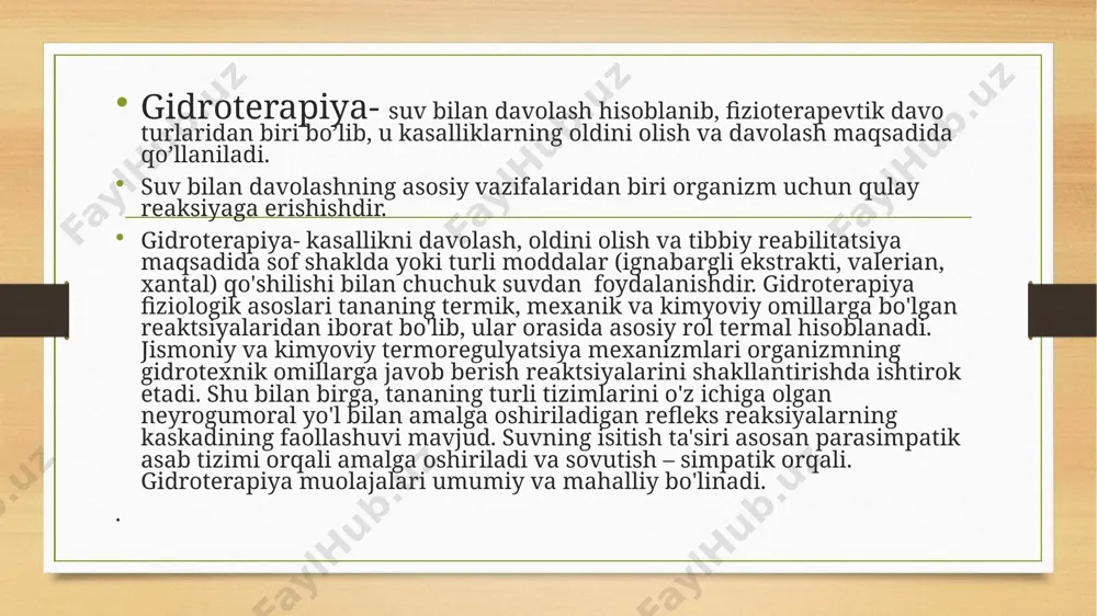 li ta’sir etuvchi suv muolajalari: qizdiruvchi vanna; hammom; sovuq yoki issiq suvni tezlik bilan tanaga qo’yish gidroterapiya muolajalarida suv harorati : sovuq (20 ºs dan past), salqin (20 – 30 ° c), befarq(34 – 36 ° c), issiq (38 – 39 ° c) va issiq (40 ° c va undan yuqori) suv bilan davolashga ko’rsatmalar: surunkali yallig’lanish jarayonlari; chandiq; gipertoniya kasalligining 1-2- bosqichi; modda almashinuvining buzilishi; periferik nerv sistemasi jarohatlari; nerv sistemasini funksional buzilishlari. gidroterapiya umumiy qarshi ko’rsatmalar: o'tkir bosqichda yallig'lanish jarayonlari, yurak-qon tomir tizimi kasalliklari i darajali qon aylanishining buzilishi, o’sma, faol bosqichda o'pka sil kasalligi, o'tkir bosqichda barcha qon kasalliklari, qon ketish tendentsiyasi, yuqumli kasalliklar, buyrak etishmovchiligi, kaxeksiya, homiladorlikning ikkinchi yarmi, ba'zi teri kasalliklari, glaukoma. ustidan suv quyish muolajalari umumiy va mahalliy ustidan suv quyish muolajalari umumiy ustidan suv quyish muolajalarida yog'och panjarada turgan yalang'och bemor, katta havzada yoki hammomda 2-3 chelaklar bilan quyiladi va keyin terining yengil …