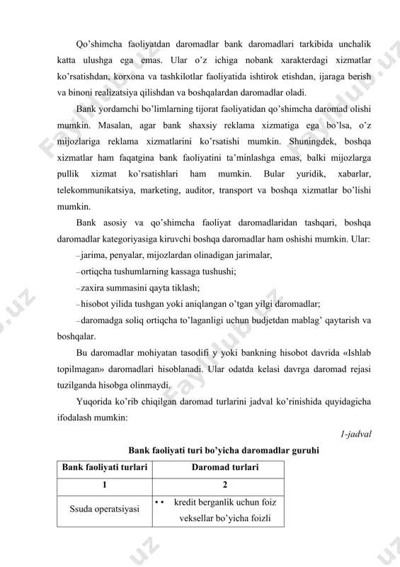 q muddatli majburiyatlarga qo’yilmalardan daromad qimmatli qog’ozlarni qayta sotishdan daromad • qimmatli qog’ozlar bilan bo’ladigan operatsiyalardan olinadigan boshqa daromadlar kafi llik faoliyati • berilgan kafolatlar bo’yicha olingan komissiyalar depozit operatsiyalari va mijoz topshirig’i bo’yicha operatsiyalar • • • kassa operatsiyasi; inkassatsiya operatsiyasi; hisob-kitob operatsiyalaridan olinadigan komissiya valyuta operatsiyasi • • chet el valyutasida bo’lgan operatsiya bo’yicha daromad forvard, fyuchers, svop, optsion operatsiyalarini o’tkazishdan daromadlar bank faoliyatining boshqa yo’nalishi • • • mulkni ijaraga berishdan daromad lizing operatsiyalaridan daromad axborot xizmatlaridan daromad • jarima, penyalar va boshqalar tijorat banklari daromadlarini tahlil qilishda dastavval ularning tarkibi va dinamikasi o’rganiladi. bu o’z navbatida bank daromadlariga ta’sir etuvchi omillarni aniqlash imkoniyatini beradi. ushbu holat o’z navbatida yuqori daromad keltiruvchi xizmatlarini yanada kengaytirish lozimligini aniqlash imkoniyatlarini ham beradi. 2-jadval «b» bankning daromadlari tarkibi va dinamikasi (yil boshiga) № olingan daromadlar o’tgan yil joriy yil o’zgarishi qoldig’i mln. so’m salmog’i % qoldig’i mln. so’m salmog’i % …