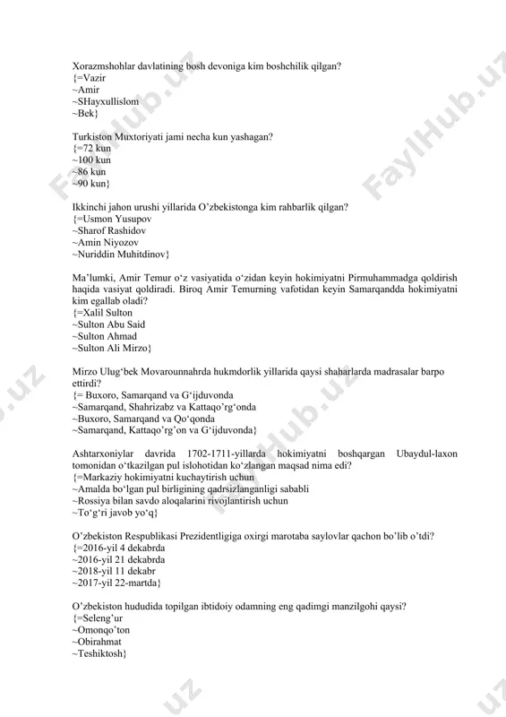 rtda} o’zbekiston hududida topilgan ibtidoiy odamning eng qadimgi manzilgohi qaysi? {=seleng’ur ~omonqo’ton ~obirahmat ~teshiktosh} 1916-yilda rus mustamlakachilariga qarshi jizzaxda ko‘tarilgan qo‘zg‘olonning asosiy harakatlantiruvchi kuchlari kimlar edi? {=dehqonlar ~hunarmandlar ~ishchilar ~javoblarning barchasi to‘g‘ri} turkiston jadidlarining otasi deya e’tirof etilgan ma’rifatparvar kim edi? {=behbudiy ~avloniy ~munavvarqori ~fitrat} markaziy osiyo hududida yashagan qadimgi odamlar qachon o’zlashtiruvchi xo’jalikdan ishlab chiqaruvchi xo’jalikka o’tganlar? {=mezolit davriga kelib ~ilk paleolit davriga kelib ~so‘nggi paleolit davriga kelib ~o‘rta paleolit davriga kelib} ibtidoiy odamlar tomonidan zarautsoy qoya toshlarida naqshlangan suratlarda qanday manzara aks ettirilgan? {=ov manzarasi ~tabiat manzarasi ~jang manzarasi ~dehqonchilik bilan bog’liq manzara} zardushtiylik e‘tiqodida ezgulik tangrisi qanday nomlangan ? {=axuramazda ~axriman ~anaxita ~mitra} zardushtiylik e‘tiqodida yovuzlik tangrisi qanday nomlangan ? {=axriman ~anaxita ~mitra ~axuramazda} o’zbekiston respublikasining chet davlatlaridagi diplomatik va boshqa vakillarini ishga tayinlash va ozod qilish vakolati qaysi organ ixtiyorida? {=prezident taqdimotiga ko’ra senatning ~ prezident taqdimotiga ko’ra oliy majlisning ~ prezident taqdimotiga ko’ra vazirlar mahkamasining …