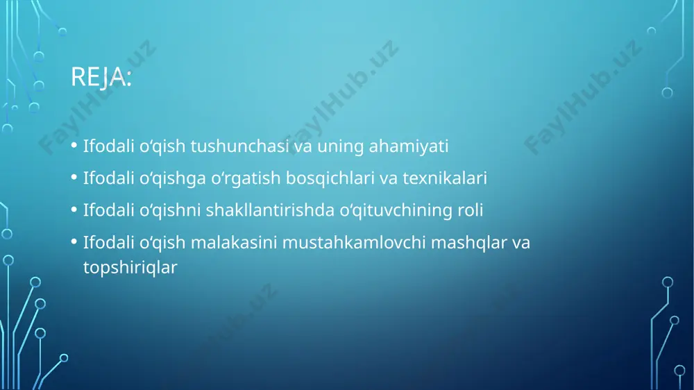 i ifodaviy vositalarga e’tibor qaratiladi. birinchi bosqichda tinglov orqali o‘rganish muhim rol o‘ynaydi. o‘qituvchi matnni ifodali o‘qib beradi, o‘quvchilar esa eshitish orqali ohangni, hissiyotlarni, talaffuzni tushunishga harakat qilishadi. ikkinchi bosqichda o‘quvchi o‘qituvchi ortidan o‘qiydi – ya’ni takrorlash texnikasi ishlatiladi. uchinchi bosqichda mustaqil ifodali o‘qish va rolli o‘qish mashqlari qo‘llaniladi. texnikalardan eng samaralilari – dramatik o‘qish, rolda o‘qish, diologik o‘qish, hissiyotlarni ifoda etuvchi o‘yinli mashqlar, nafas va tovush mashqlari hisoblanadi. masalan, she’rni musiqa ohangida o‘qish yoki hikoyani rollarga bo‘lib o‘qish o‘quvchilarni faol ishtirok etishga undaydi. bu esa nafaqat ifodali o‘qish, balki matn mazmunini ongli anglashga xizmat qiladi. ifodali o‘qishni shakllantirishda o‘qituvchining roli o‘qituvchi ifodali o‘qishni shakllantirishda yetakchi shaxs bo‘lib, u o‘quvchining nutqiy faolligini, matnga nisbatan qiziqishini uyg‘otuvchi shaxsdir. avvalo, o‘qituvchi o‘zi ifodali o‘qiy olishi, bu borada o‘rnak bo‘lishi zarur. o‘qituvchining intonatsiyasi, pauza, urg‘u va ohangni o‘rinli qo‘llashi o‘quvchilarda eshitish va anglash ko‘nikmasini shakllantiradi. ifodali o‘qishga o‘rgatishda o‘qituvchi doimo o‘quvchilarning tayyorgarlik darajasini …