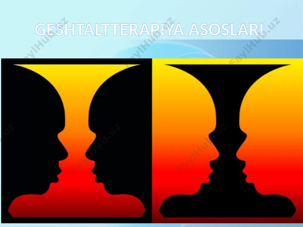 lar. hozirgi paytda xabardorlik va konsentratsiya gestalt terapiya nazariyasi gestalt terapiyasining asoslari "bu erda va hozir". inson diqqatini hozir u bilan sodir bo'layotgan his-tuyg'ularga, fikrlarga, his-tuyg'ularga qaratishi kerak. agar u o'tmish haqida gapiradigan bo'lsa, unda u xuddi hozir sodir bo'layotgandek, shunday so'zlarni talaffuz qilishi kerak. "men sizni". odamni gapirayotgan odamga ochiq va to'g'ridan-to'g'ri murojaat qilishni o'rgatish. ongning uzluksizligi. ma'lum bir soniyada sodir bo'layotgan fikrlar va his-tuyg'ular oqimiga e'tibor qaratish, vaziyat va bayonotlarni doimiy tahlil qilishni rad etish. bayonotlarni sub'ektivlashtirish. odamni o'zi, tanasi, muvaffaqiyatsizliklari va boshqa narsalar haqida shunday gapirishga o'rgatish, u "halaqit qiladi", "yordam bermaydi", "bermaydi" va hokazo.. insonga tashqaridan kimdir to'sqinlik qilayotgandek tuyuladi. uni baxtli yashashdan. darhaqiqat, uning o'zi ham o'z baxtsizliklarining muallifidir. e`tiboringiz uchun raxmat image1.png image2.png image4.png image5.png image6.png image7.png image8.png image9.jpeg /docprops/thumbnail.jpeg