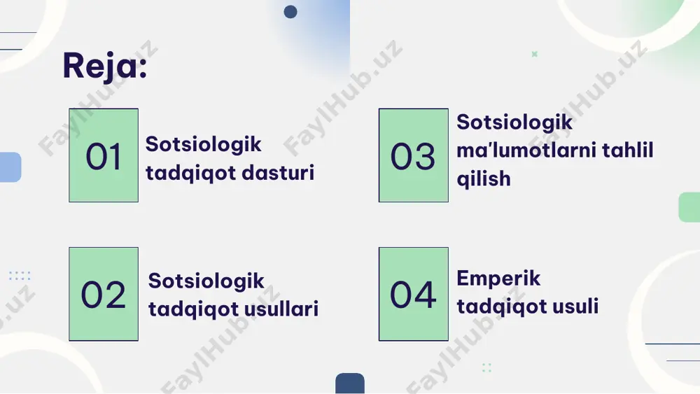 o'tkazish empirik ma'lumotlarni kompyuterga kiritish va modellashtirish step 03 taqsimiy jadval tuzish step 02 empirik ma'lumotlarni qayta ishlash step 01 olingan empirik ma'lumotlarni guruhlarga ajratish berilgan vazifa bo'yicha ilmiy matnlar, hisobotlar tayyorlash step 03 ilmiy-nazariy xulosalar, muayyan ilmiy-amaliy takliflar, tavsiyalar va tadbirlar ishlab chiqish step 02 ma'lumotlarni tahlil qilish step 01 tadqiqot ma'lumotlarining dastlabki tasnifi va nazariy jihatidan farqlamoq gipoteza ilmiy tushunchalar o'rtasidagi aloqaning harakteri haqida tahminiy qarash,ilmiy farazdir. aniq gipoteza tadqiqot metodlari orqali tekshiriladi. mavjud muammo bo'yicha ilmiy faraz ishlab chiqish empirik sotsiologik tadqiqotni nazariy jihatdan tayyorlashning yakunlovchi qismi hisoblanadi. tadqiqot farazi o'rganilayotgan ijtimoiy hodisa tarkibi va uning tarkibiy qismlari o'rtasidagi o'zaro aloqadorlik harakteri to'g'risidagi ilmiy asoslangan farazdan iborat bo'ladi. ma’lumotlar yig’ishda foydalaniladigan metodlar earth 4 2 1 mars 3 so’rov metodi hujjatlarni tahlil qilish metodi sotsial eksperiment kuzatish metodi kuzatish metodi sotsiologik tadqiqotlarda kuzatish – dastlabki emperik ma'lumotlarni yig'ish usuli bo'lib, muayyan maqsadga qaratilgan, oldindan puxta o'ylab, muntazam …