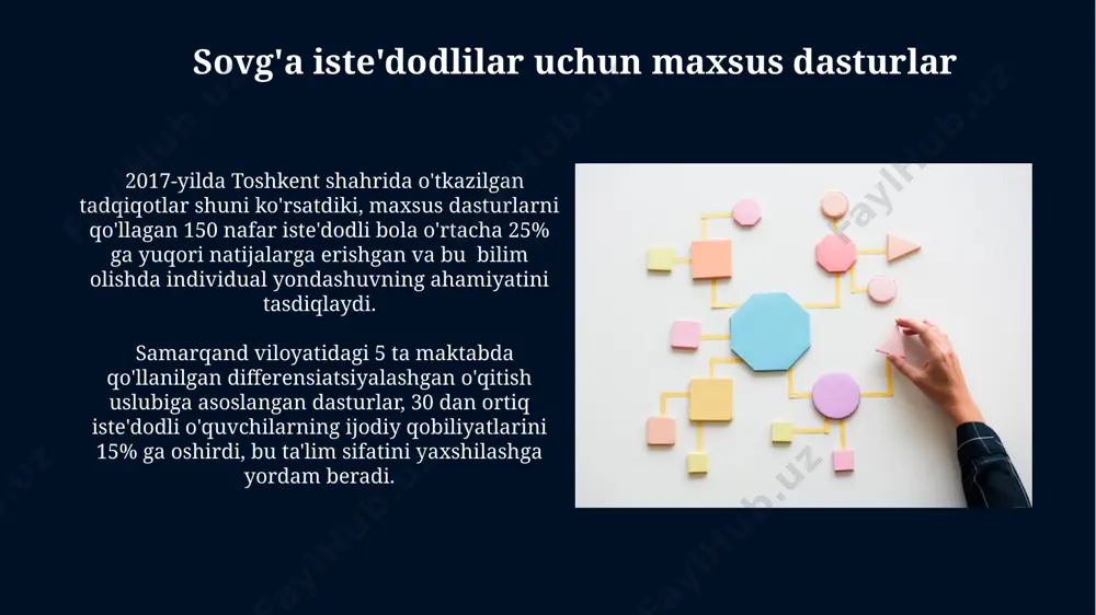 a bo'lgan qiziqishini 15% ga oshirdi va 2023 yilda o'rtacha ballarni 10 ballga ko'tardi. sovg'a iste'dodli bolalarni rivojlantirishda, 5 yoshdan 10 yoshgacha bo'lgan bolalarda ijodkorlikni rivojlantirishga qaratilgan maxsus dasturlar samarqand viloyatida 20% ga samaradorligini oshirdi. umumiy qobiliyat nazariyasi umumiy qobiliyat nazariyasining zaif tomonlaridan biri, intellektual qobiliyatlarning murakkabligini to'liq aks ettira olmasligi, ya'ni 120 dan yuqori iq ko'rsatkichiga ega bo'lgan shaxslarning ham o'ziga xos qobiliyatlari bo'lishi mumkinligini inobatga olmasligidir. umumiy qobiliyat nazariyasi spearman tomonidan 1904-yilda taklif qilingan bo'lib, aqlning umumiy g ("general factor") va maxsus s ("specific factors") omillarga bo'linishini ta'kidlaydi, bu esa intellektning turli sohalardagi ko'rinishini tushuntiradi. sovg'a iste'dodning o'lchov mezonlari rivojlangan mamlakatlarda intellekt koeffitsienti (iq) 130 dan yuqori bo'lgan bolalar sovg'a iste'dodli deb hisoblanadi, ammo o'zbekiston sharoitida bu ko'rsatkich madaniy va ijtimoiy omillarni hisobga olgan holda moslashtirilishi mumkin. sovg'a iste'dodni aniqlashda 100 dan ortiq test va so'rovnomalar mavjud bo'lib, ularning 20%i aqshda, qolganlari esa dunyoning boshqa 50 ta mamlakatida, …
