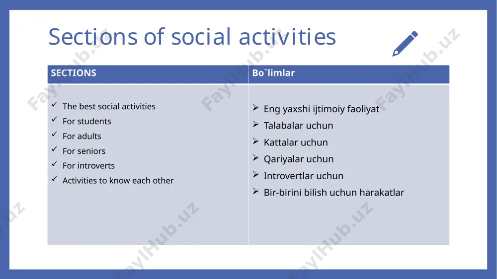 let's try the translation together best social activities for students college offers many opportunities for socialization. but you need to take the time and effort to take advantage of those opportunities. here are some of the best activities to try. kollej ijtimoiylashuv uchun ko'plab imkoniyatlarni taqdim etadi. ammo bu imkoniyatlardan foydalanish uchun vaqt va kuch sarflash kerak. bu erda sinash uchun eng yaxshi faoliyat turlari mavjud. 1. study groups you already need to study for your classes, so why not combine this time with your friends? you may be more likely to retain knowledge and inspire one another. for more on the benefits of study groups, check out this article by oxford learning. 2. camping trips with all those long breaks (and a limited budget), make the most of your time by going on camping trips with friends. camping is great because there are fewer distractions like wi-fi, and you’re …