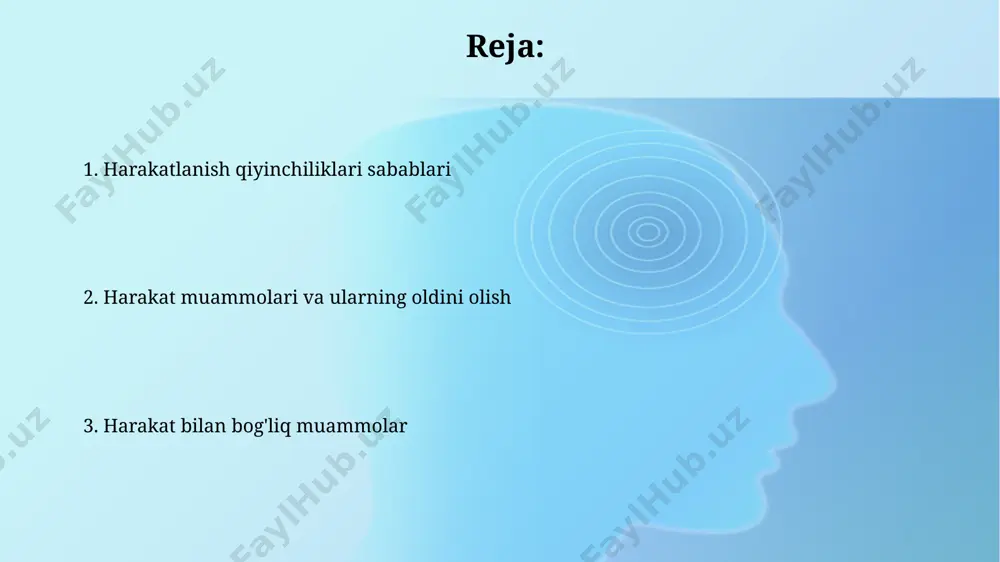 alliklar depressiya va xavotir kabi ruhiy kasalliklar, umumiy jismoniy faollikning kamayishi va 30% gacha harakatlanish qobiliyatining pasayishiga olib kelishi mumkin, bu esa yiqilishlar xavfini oshiradi. ruhiy-neyrologik kasalliklar, masalan, parkinson kasalligi, bemorlarda 70% gacha harakatlanish buzilishi, shu jumladan, tremor, bradikineziya va rigidlik kabi motor simptomlarni keltirib chiqarishi mumkin. skelet-mushak tizimi kasalliklari osteoporoz, suyak zichligining pasayishi bilan tavsiflanadigan kasallik, 50 yoshdan oshgan ayollarda 8 dan 10 gacha bo'lgan nisbatda uchraydi va sinish xavfini sezilarli darajada oshiradi. artritning 100 dan ortiq turi mavjud bo'lib, ular bo'g'imlarning yallig'lanishi bilan tavsiflanadi va harakatlanishning cheklanishi, og'riq va qattiqlikka olib keladi, bu esa hayot sifatini sezilarli darajada pasaytiradi. nafas olish tizimi muammolari taxminan 50 milliondan ortiq kishi astma bilan kasallangan va bu kasallik nafas yo'llarining torayishiga olib keladi, bu esa jismoniy faoliyat paytida nafas olishni qiyinlashtiradi va kundalik hayotda harakatlanishni cheklaydi. nafas olish tizimining surunkali obstruktiv kasalliklari (sobk), masalan, surunkali bronxit va emfizema, dunyo bo'ylab 65 yoshdan …