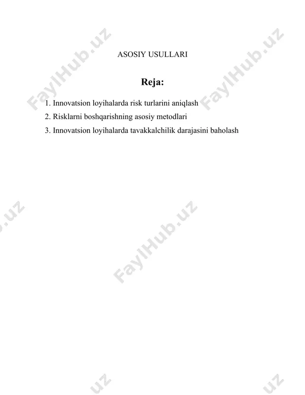 novatsion loyihalar katta kapital talab qilishi mumkin va qaytadi deb kutilayotgan mablag' daromadsiz qolishi ehtimoli mavjud. moliyaviy risklar kredit olish, qarzlarni qaytarish muammosi, pul oqimlarining noto'g'ri boshqarilishi kabi faktorlarni qamrab oladi. malakali investitsiya vakillariga ko'ra, har qanday startapning omon qolish ehtimoli taxminan 10-20 foizni tashkil etadi. 4. **operatsion risklar**: bu turdagi risklar tashkilot ichidagi jarayonlar, xodimlar va boshqaruv tizimi bilan bog‘liq. muvaffaqiyatsiz ichki operatsiyalar, xodimlarning malakasizligi, resurslarning noto'g'ri taqsimlanishi kabilar operatsion risklar sirasiga kiradi. statistika asosida, odatda, korxonalar o'z operatsion jarayonlaridagi noaniqliklardan 5-10 foiz zarar ko‘radilar. 5. **huquqiy va me'yoriy risklar**: innovatsion mahsulot yoki xizmatlar yonida turli yangi qonunlar, litsenziyalar olish, intellektual mulk huquqlari bilan bog'liq muammolar tug‘ilishi mumkin. huquqiy xarajatlar bilan bog'liq risklar global bozorning 12 foizini tashkil qiladi. 6. **tashkiliy risklar**: bu turdagi risklar loyiha jamoasining tuzilishi, jamoa a'zolarining samaradorligi, boshqaruv uslubi kabi faktorlar bilan bog‘liq. notog'ri jamoaviy strategiya ko'p marta loyihaning muvaffaqiyatsiz yakunlanishiga olib kelishi mumkin. kpmg …