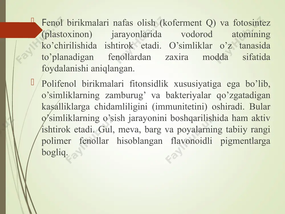 ng tuzilishidagi o’ziga xos xususiyati shundan iboratki, ularning piran halqasidagi kislorod erkin valentlikka ega. biroq kislorod yoki uglerod atomining qaysi biri erkin musbat zaryadga ega ekanligi aniqlanmagan, shu sababli ko’pincha antosianlarning molekulasi neytral shaklda tasvirlanadi: antosianlar o’z molekulasidagi erkin musbat zaryad tufayli kislotali eritmada kation sifatida namoyon bo’ladi va kislotalar bilan tuz hosil qiladi. ishqoriy sharoitda esa ular anion sifatida asoslar bilan tuz hosil qiladi. muhit phining o’zgarishiga qarab, antosianlarning rangi ham o’zgaradi. antosianlar kislotali muhitda och, to’q qizil, sarg’ish, binafsha rang, ko’kimtir bo’ladi. ma’lumki, go’za guli vaqt o’tishi bilan rangini sariq tusdan qizil-gunafsha rangga o’zgartiradi. bu gultojibarglar hujayrasi shirasining phi kislotali tomonga o’zgarganligini ifodalaydi. muhim antosianlarga qizil rangli pelargonidin, malina rangli sianidin, qizg’ish rangli delfinidin va ularning metilli efirlari-pionidin, petunidin va malvidinlar kiradi