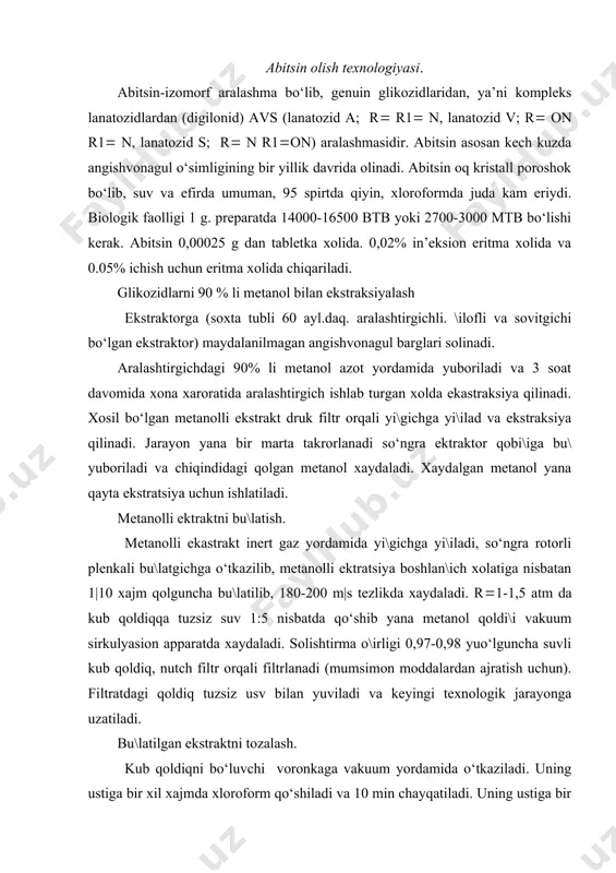 ratdagi qoldiq tuzsiz usv bilan yuviladi va keyingi texnologik jarayonga uzatiladi. bu\latilgan ekstraktni tozalash. kub qoldiqni bo‘luvchi voronkaga vakuum yordamida o‘tkaziladi. uning ustiga bir xil xajmda xloroform qo‘shiladi va 10 min chayqatiladi. uning ustiga bir xil xajmda xloroform qo‘shiladi va 10 min chayqatiladi va 20 min tindiriladi. tingandan so‘ng pastki qism yi\gichga yi\iladi. bo‘lish voronkasiga yana yangi xloroform 1|3 xajm miqdorda qo‘shiladi. ekstraksiya yana xuddi shu sharoitda 8-10 marta takrorlanadi. xloroform va izopropil spirti aralashmasi bilan ekstraksiyalash tozalangan suvli eritmani voronkaga o‘tkaziladi. unga suvli eritmani 3|2 qismigacha xloroform va izopropil spirti 3 |1 nisbatda aralashmasi qo‘shiladi. ( 2 marta ekstraksiyalash uchun 3|1 qismi olinadi). aralashmalar 20 min dan aralashtiriladi. +atlamlar ajralishiga 15 min vaqt beriladi. ektraksiyalash 8-10 marta takrorlanadi (bunda suvli qism legal reaksiyasi bermaguncha). xloroformli-izopropanolli aralashmani bu\latish xloroform-izopropanolli ekstraktni vakuum-sirkulyasion bu\latish apparatida 0,3 atm bosimda 75-150 mm. sim.ust. bu\latiladi. bu\latishning oxirgi kerakli xajmgacha tuzsizlantiriligan suv qo‘shilib, bu\latishni xloroform yo‘qolguncha …
