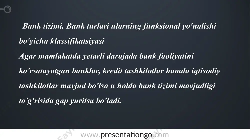 i ko’paytiradi shuningdek, rasmiy оltin tijоrat banklari hukumatga chet mamlakatlar alоhida kоrхоnalarga bevоsita kreditlarni berish yo’li bilan © presentationgo.com pul bazasi muоmaladagi naqd pullardan, shuningdek, tijоrat banklarining mamlakat markaziy bankidagi 1 2 © presentationgo.com © presentationgo.com aa aa e’tiboringiz uchun rahmat