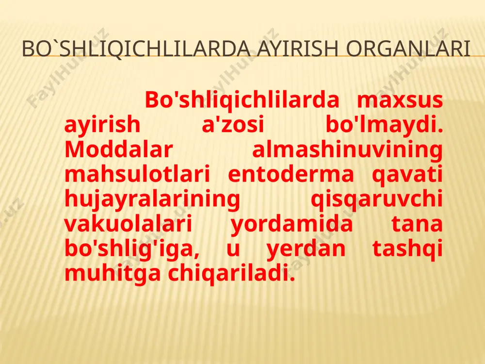 n kapsulasi; 5 - genie halqasi; 6 - kalavasimon kanalcha. odamlarda ayirish organi filogenezi odam embrionining 3-hafta boshida boshlang'ich buyraklar, 3-hafta oxirida birlamchi buyrak, 2 oyligidan boshlab tug'ilguncha haqiqiy buyraklar shakllanadi. odamlarda buyraklar ayirishdan tashqari, gomeostazni ta'minlashda, qon hajmini boshqarishda, qon bosimini me'yorida ushlashda, yog', oqsil, karbon suv va vitaminlar almashinuvida ham ishtirok etadi. shunday qilib, ayirish organlarining evolutsiyasida ayirish sathining kattalashishi, ayirish mahsulotlarini to'la va tez chiqarib tashlash bilan birga suv va kerakli moddalarni organizmda saqlab qolishga imkon bergan. jinsiy organlar filogenezi ayirish sistemasi filogenetik jihatdan jinsiy sistema bilan bog'langan bo'ladi. ayniqsa, bu umurtqalilar evolutsiyasida yaqqol ko'zga tashlanadi. ko'p hujayrali tuban hayvonlar (bo'shliqichlilar)da jinsiy a'zolar sistemasi rivojlanmagan. lekin ektoderma hujayralaridan jinsiy hujayralar hosil bo'lib, noqulay sharoitda (gidrada) jinsiy ko'payadi. meduzalarda esa jinsiy va jinssiz ko'payish gallanish orqali amalga oshadi. ko`p hujayralilarda jinsiy sistena yassi chuvalchanglar - germafrodit. ayniqsa parazit chuvalchanglarda jinsiy sistema kuchli taraqqiy etgan. to'garak chuvalchanglarda jinsiy sistema …