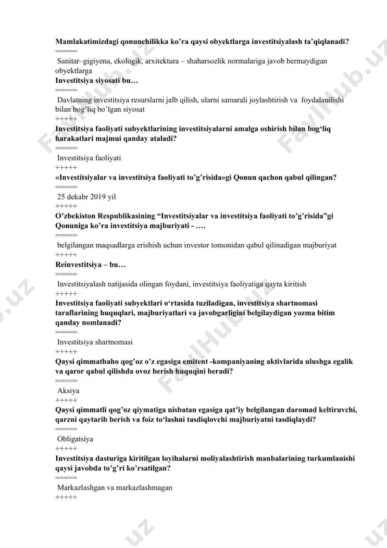 va javobgarligini belgilaydigan yozma bitim qanday nomlanadi? ===== investitsiya shartnomasi +++++ qaysi qimmatbaho qog’oz o’z egasiga emitent -kompaniyaning aktivlarida ulushga egalik va qaror qabul qilishda ovoz berish huquqini beradi? ===== aksiya +++++ qaysi qimmatli qog’oz qiymatiga nisbatan egasiga qatʼiy belgilangan daromad keltiruvchi, qarzni qaytarib berish va foiz toʻlashni tasdiqlovchi majburiyatni tasdiqlaydi? ===== obligatsiya +++++ investitsiya dasturiga kiritilgan loyihalarni moliyalashtirish manbalarining turkumlanishi qaysi javobda to’g’ri ko’rsatilgan? ===== markazlashgan va markazlashmagan +++++ infratuzilma loyihasi – bu… ===== ijtimoiy, yo‘l-transport, suv xo‘jaligi va muhandislik-kommunikatsiya obyektlarini qurish, modernizatsiyalash, rekonstruksiya qilish va kengaytirishga qaratilgan loyiha +++++ quyidagi keltirilgan moliyalashtirish manbalaridan qaysi biri markazlashgan investitsiyalar tarkibiga kirmaydi? ===== tijorat banklari kreditlari +++++ investitsiya muhitiga ta'sir qiluvchi ijtimoiy omil qaysi javobda to'g'ri ko'rsatilgan? ===== +++++ chet ellik investorning hukumat kafolatlarisiz, tavakkalchilik sharoitlarida o‘z mablag‘lari yoki qarz mablag‘lari hisobidan investitsiyalari qanday ataladi? ===== to’g’ridan-to’g’ri chet el investisiyalari +++++ asosiy fondlarni yaratish va takror ko‘paytirishga, shuningdek moddiy ishlab chiqarishning …