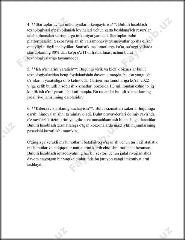 ofaviy ishlash imkoniyatlarini oshiradi va xodimlar samaradorligini 20% va undan ortiq darajada oshirishi mumkinligi ma'lum qilingan. 7. **barcha o‘lchamdagi kompaniyalar uchun moslik**: bulutli texnologiyalar kichik va o‘rta korxona (kok)lardan tortib yirik kompaniyalarigacha barcha uchun mos keladi. masalan, 2022 yilda ishlab chiqarish korxonalarining 60% dan ortig‘i bulutli texnologiyalarni faol qo‘llashni boshladi. 8. **raqobatbardoshlik**: bulutli texnologiyalarni joriy qilgan kompaniyalar raqobatchilariga nisbatan yaxshiroq mavqega ega bo‘ladi. idc tadqiqotlari boyicha, bulut texnologiyalarini muvaffaqiyatli qo‘llagan kompaniyalar 10% yuqori daromad olish imkoniyatiga ega bo‘ladi. 9. **muvofiqlik**: bulutli texnologiyalarni tatbiq etishda kompaniyalar muvofiqlik talablariga javob bera oladi. iso, hipaa, va boshqa xavfsizlik standartlariga mos bulut platformalari mavjud. yuqorida keltirilgan ma'lumotlar va raqamlar bulutli texnologiyalarning biznes samaradorligiga qanday ta'sir qilishini ko'rsatadi. bulutli texnologiyalar hozirgi zamon biznesining operatsion xarajatlarini kamaytirish, tezkorlikni oshirish va moslashuvchanligini ta'minlashda muhim vosita bo‘lib qolmoqda. 3. bulutli texnologiyalar orqali xarajatlarni optimallashtirish bulutli texnologiyalar xarajatlarni optimallashtirishga katta hissa qo'shadi. bu texnologiyalarni joriy qilish orqali kompaniyalar o'z …