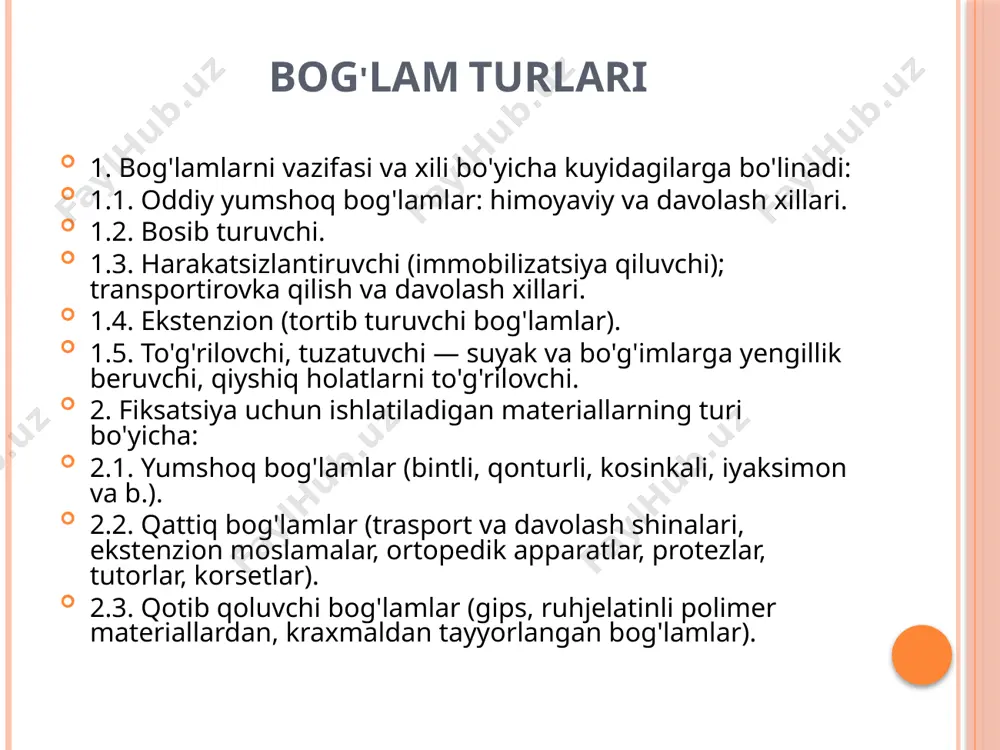 dan tayyorlanadi. bintning ikkala uchi urtasiga yunaltirilgan xrlda uzunasiga kesilib, uning urtasi kesilmaydi. yukrrida burunga, iyakka, ensaga va peshanaga sopkrnsimon boglamni boglash krnun-kridalari kursatilgan. t- simon boglam. urtasiga boshkd bint tikilgan yoki uning uchi tashlab kuyilgan bint parchasidan iborat buladi va u eng kup oralik, soxasiga boglanadi: gorizontal kismi tana teva-ragida belbokda uxshab aylantiriladi, vertikal kismi esa belbog-dan oralik, ordali utkaziladi va usha belbokda tananing boshk,a tomonidan boglanadi 40-rasm.t-simon boglam (izoxi tekstda). bosh va yuz soxasini boglash. vazifasiga kura boglamlarning bir necha turi farkdanadi. gippokrat k,alpogi.boglam boglash uchun ikki boshchali bint yoki ikkita bint kullaniladi. ung kuldagi bint boshchasi bi­lan tsirkulyar uramlar dilinadi va bintlanayotgan uramlar max,-kamlanadi ikki kuzni boglash. bint gir aylantirib urab mustax,-kamlangach, keyingi uram bosh tepasi va peshona buylab pastga tushiriladi va yukrridan pastga tomon chap kuzni bekitadigan kiyshik, uram kdlinadi, sungra bintni ensa orkdli utkazib, past-dan yukrriga tomon ung kuzni bekitadigan kdyshik, uram kilinadi. buning natijasida …