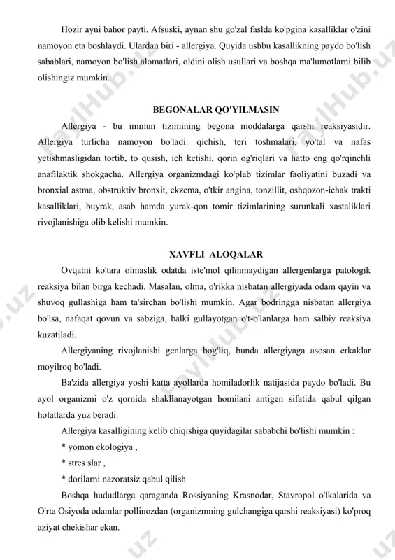 qarshi reaksiyasi) ko'proq aziyat chekishar ekan. odatda allergiya alomatlari bolalikda namoyon bo'ladi . organizmning immun qarshiligi insonda 5 yoshlarda shakllanadi, deb hisoblashadi. biroq sinchkov shifokor boladagi allergiya alomatlarini deyarli tug'ilgan chog'idanoq aniqlashga qodir. 5 yoshdan katta bolalar uchun nafas olishda namoyon bo'ladigan allergiya xos bo ' lib , bu bronxial astmaning boshlang'ich shakllanish bosqichi hisoblanadi. bolalardagi shamollash bolalarni shamollash va virusli kasalliklardan asrash kerak. virusga chalinishning eng xavfli oqibatlaridan biri bu - tomoq yallig'lanishi va uning natijasida nafas siqilishidir, bu holat bo'g'iz shishib ketishiga olib keladi. ushbu xastalikni boshidan kechirgan bolalarda ko'p hollarda allergik o'pka xastaliklari rivojlanadi. chaqaloqlarda allergiya aksariyat hollarda teri toshmalari ko'rinishida namoyon bo'ladi. odatda bunday reaksiya oshqozon-ichak trakti faoliyatidagi buzilishlar oqibatida yuz beradi. demak, go'daklarda disbakteriozning oldini olish va davolash allergiya va infeksiyalardan eng yaxshi himoya hisoblanadi. shuningdek, go'dakni ko'krakdan erta chiqarish va sun'iy ovqatlarga o'tkazish hamda muddatidan oldin berilgan qo'shimcha ovqatlar (bo'tqalar, pyure, sharbatlar, tvorog) ham …