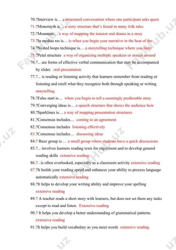 to an agreement 82. ?consensus includes listening effectively 83. ?consensus includes… discussing ideas 84. ? buzz group is… a small group where students have a quick discussions 85. ?... involves learners reading texts for enjoyment and to develop general reading skills extensive reading 86. ?...is often overlooked, especially as a classroom activity extensive reading 87. ?it builds your reading speed and enhances your ability to process language automatically extensive reading 88. ?it helps to develop your writing ability and improve your spelling extensive reading 89. ? a teacher reads a short story with learners, but does not set them any tasks except to read and listen. extensive reading 90. ? it helps you develop a better understanding of grammatical patterns extensive reading 91. ?it helps you build vocabulary as you meet words extensive reading 92. ?... reading involves learners reading in detail with specific learning aims and tasks intensive reading …