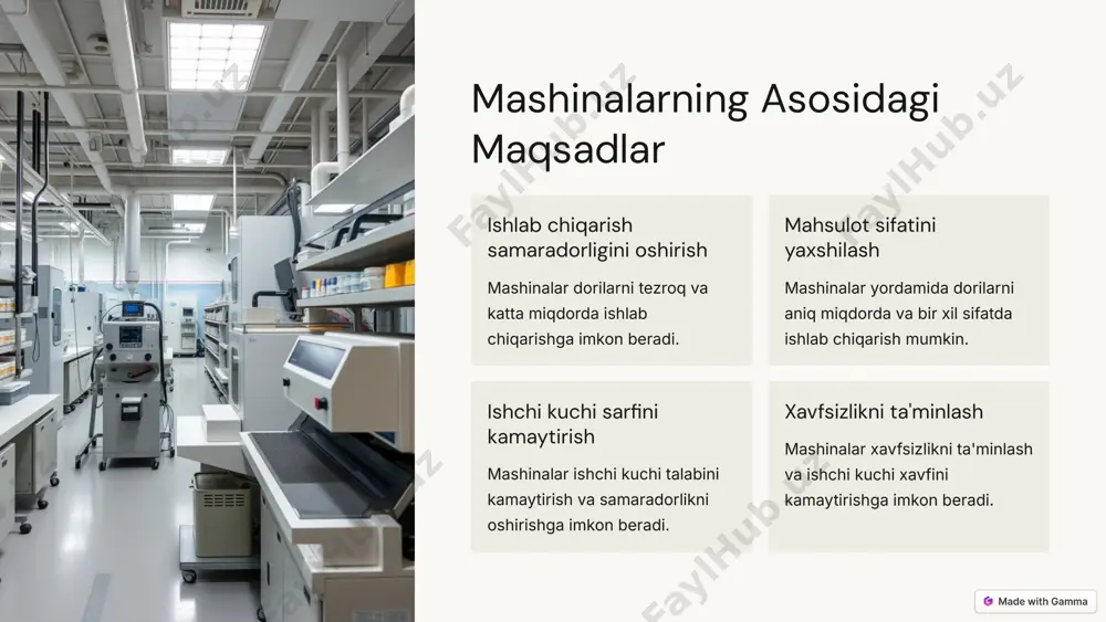 i ta'minlash barcha tarkibiy qismlar bir xil miqdorda tarqaladi. 6 tabletniy mashinalar 1 to'ldirish materiallarni kalıba to'ldirish. 2 siqish materiallarni siqib tabletka shaklini berish. 3 chiqarish tayyor tabletkalarni kalıbdan chiqarish. 7 ekstruzion qurilmalar materiallarni to'ldirish xom ashyo ekstruderga yuklanadi. qizdirish materiallar qizdiriladi va eritilgan massaga aylantiriladi. shakllantirish eritilgan massa kerakli shaklga aylantiriladi. sovutish va chiqarish shakllangan mahsulot sovutiladi va chiqariladi. 8 yuvish va qayta ishlash mashinalari 1 yuvish mashinalarni tozalash. 2 qayta ishlash mahsulotlarni qayta ishlash. 3 quritgich namlikni olib tashlash. 9 xavfsizlik va ta'sirlar 10 image1.png image2.png image3.png image4.png image5.png image6.png image7.png image8.png image9.png image10.png image11.png image12.png image13.png image14.png image15.png image16.png image17.png image18.png image19.png image20.png image21.png