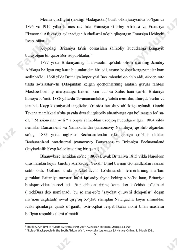 niyasining bir qismi).[footnoteref:4] [4: "role of black people in the south african war". www.sahistory.org.za. sa history online. 31 march 2011.] blaauwberg jangidan so’ng (1806) buyuk britaniya 1815 yilda napoleon urushlaridan keyin janubiy afrikadagi yaxshi umid burnini gollandlardan rasman sotib oldi. golland tilida so’zlashuvchi ko’chmanchi fermerlarning ma’lum guruhlari britaniya nazorati ba’zi iqtisodiy foyda keltirgan bo’lsa ham, britaniya boshqaruvidan norozi edi. bur dehqonlarining ketma-ket ko’chish to’lqinlari ( trekburs deb nomlanadi, bu so’zma-so’z "sayohat qiluvchi dehqonlar" degan ma’noni anglatadi) avval qirg’oq bo’ylab sharqdan natalgacha, keyin shimoldan ichki qismlarga qarab o’rganib, oxir-oqibat respublikalar nomi bilan mashhur bo’lgan respublikalarni o’rnatdi. inglizlar trekburlarning keypdan uzoqlashishini to’xtatishga harakat qilishmadi. trekburlar kashshof bo’lib, ergashganlar uchun ichki makonni ochib berishdi va inglizlar asta-sekin o’z nazoratini qirg’oq bo’ylab capedan sharqqa tomon kengaytirdilar va oxir-oqibat 1843 yilda natalni qo’shib oldilar. trekburs fermerlar bo’lib, umumiy kun tartibiga ega bo’lmagan holda asta-sekin o’z hududini va hududini kengaytirdilar. 1834-yilda britaniya imperiyasida qullikning rasman bekor …