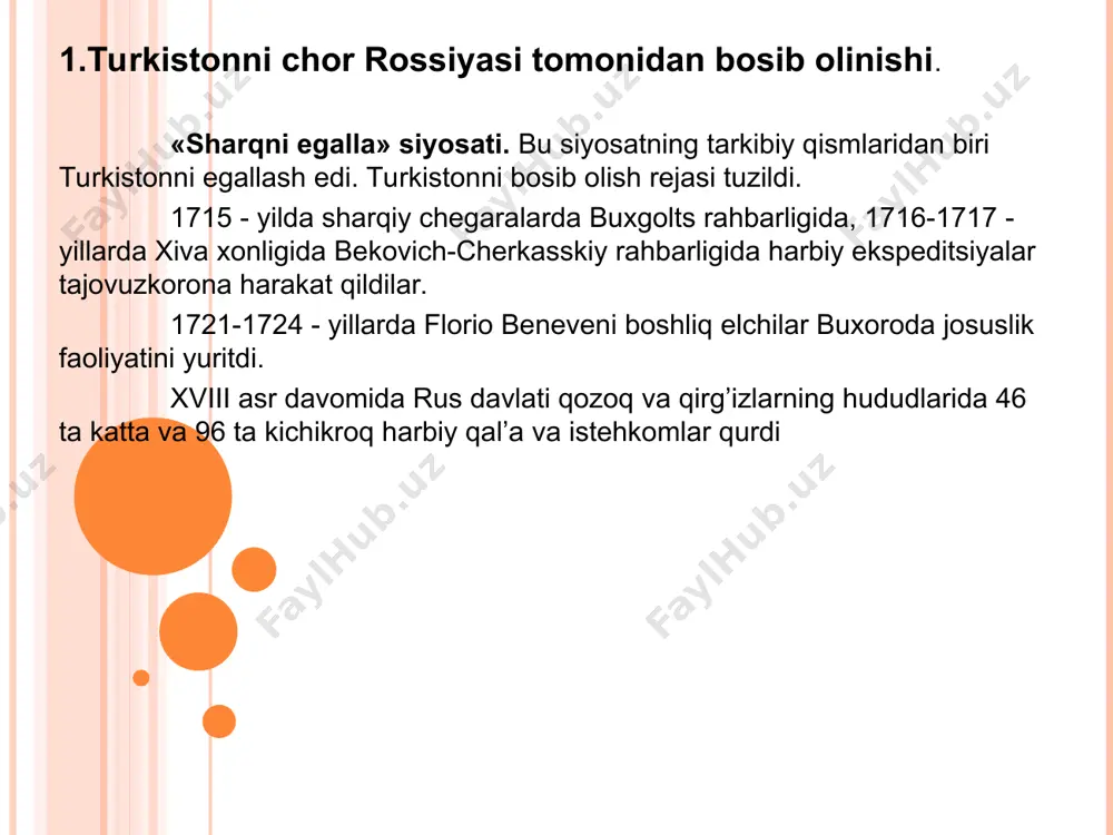 -1842 - yillarda angliya hukumati mayor konollini xivaga, polkovnik stoddartni buxoroga maxsus missiya bilan yubordi. 1838-1842 va 1878-1880 - yillarda afg’onistonga ikki marta bosqinchilik urushlari uyushtirdi. biroq afg’onistonni bo’ysundira olmadi. 1831-1833-yillarda mazkur kompaniya leytenanti aleksandr berns hindistondan afg’onistonga, undan buxoroga go’yo sayyoh sifatida yuborilgan alglya hukumatining turkistonni eggallash yo`lidagi harakatlari qoqon xonligi 1868-yil 23-iyunda kaufman bilan amir muzaffar o`rtasida zirabuloq shartnomasi tuzildi. buxoro amirligi rossiyaning vassaliga, ya’ni xorijiy mamlakatlar bilan mustaqil aloqalar qilaolmaydigan davlatga aylantirildi. sulhga binoan xo’jand, o’ratepa, jizzax, samarqand, kattaqo’rg’on rossiya imperiyasi tarkibiga kiritildi, amir oltin hisobida 125 ming tilla (500 ming rubl) tovon to’lash, rus savdogarlari uchun amirlikda qulay sharoit yaratish majburiyatini oldi. 1868-yil 13-fevralda kaufman bilan xudayorxon o`rtasida shartnoma tuzildi. xonlikning istilochilar bosib olgan hududlari rossiya tasarrufiga o’tganligi e’tirof etilgan edi. rossiya savdogarlariga qo’qon xonligining barcha hududlarida hechqanday moneliksiz faoliyat yuritish, karvonsaroylarga ega bo’lish huquqi berilgan edi. 1876-yil fevral oyida qoqon xonligi tugatildi xiva xonligi buxoro …