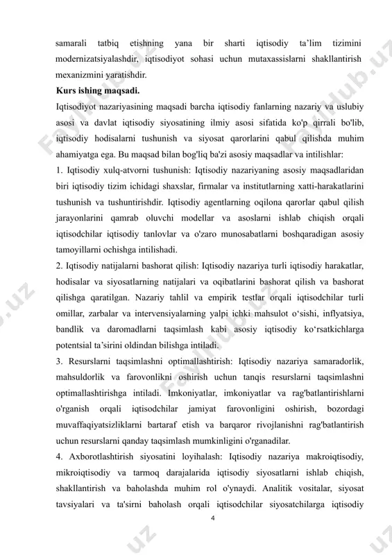 ni optimallashtirish: iqtisodiy nazariya samaradorlik, mahsuldorlik va farovonlikni oshirish uchun tanqis resurslarni taqsimlashni optimallashtirishga intiladi. imkoniyatlar, imkoniyatlar va rag'batlantirishlarni o'rganish orqali iqtisodchilar jamiyat farovonligini oshirish, bozordagi muvaffaqiyatsizliklarni bartaraf etish va barqaror rivojlanishni rag'batlantirish uchun resurslarni qanday taqsimlash mumkinligini o'rganadilar. 4. axborotlashtirish siyosatini loyihalash: iqtisodiy nazariya makroiqtisodiy, mikroiqtisodiy va tarmoq darajalarida iqtisodiy siyosatlarni ishlab chiqish, shakllantirish va baholashda muhim rol o'ynaydi. analitik vositalar, siyosat tavsiyalari va ta'sirni baholash orqali iqtisodchilar siyosatchilarga iqtisodiy maqsadlar, ijtimoiy ustuvorliklar va institutsional cheklovlarga mos keladigan strategiyalarni ishlab chiqishda yordam beradilar. 5. iqtisodiy barqarorlik va o‘sishga ko‘maklashish: iqtisodiy nazariya uzoq muddatli rivojlanish, innovatsiyalar va barqarorlikka ta’sir etuvchi omillarni aniqlash orqali iqtisodiy barqarorlik, o‘sish va farovonlikni rag‘batlantirishga hissa qo‘shishga qaratilgan. makroiqtisodiy dinamikani, biznes tsikllarini va tarkibiy islohotlarni o'rganish orqali iqtisodchilar xavflarni kamaytirishga, raqobatbardoshlikni oshirishga va barqaror o'sish traektoriyalarini rivojlantirishga intilishadi. 6. iqtisodiy bilimlarni rivojlantirish: iqtisodiyot nazariyasi nazariy yutuqlar, empirik kashfiyotlar va fanlararo hamkorlik orqali iqtisodiy bilimlarning rivojlanishiga va …