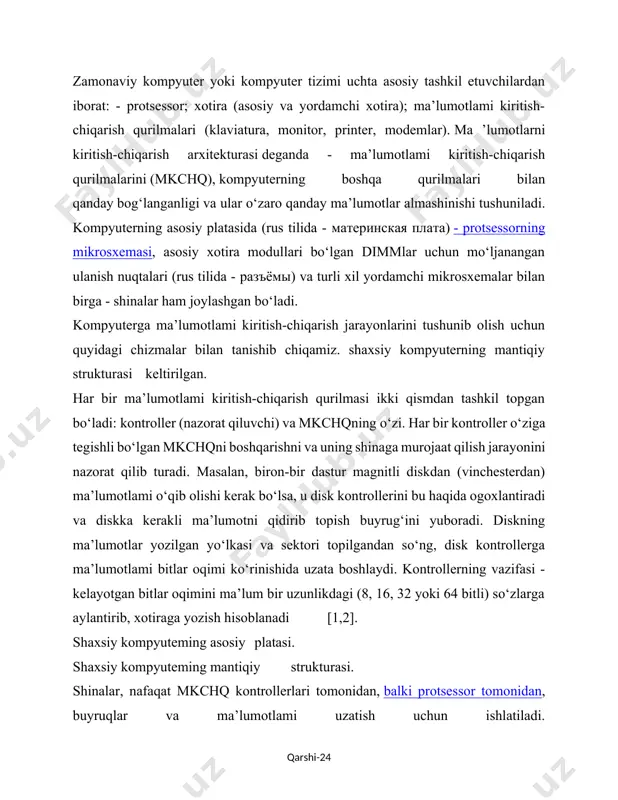 ing ma’lumotlar yozilgan yo‘lkasi va sektori topilgandan so‘ng, disk kontrollerga ma’lumotlami bitlar oqimi ko‘rinishida uzata boshlaydi. kontrollerning vazifasi - kelayotgan bitlar oqimini ma’lum bir uzunlikdagi (8, 16, 32 yoki 64 bitli) so‘zlarga aylantirib, xotiraga yozish hisoblanadi [1,2]. shaxsiy kompyuteming asosiy platasi. shaxsiy kompyuteming mantiqiy strukturasi. shinalar, nafaqat mkchq kontrollerlari tomonidan, balki protsessor tomonidan, buyruqlar va ma’lumotlami uzatish uchun ishlatiladi. kompyuter shinasi orqali - ma ’lumotlar, adreslar va boshqarish signallari uzatiladi, ya’ni shina uch qismdan iborat bo‘ladi: ma’lumotlami uzatish uchun modjallangan qismi (8, 16, 32, 64 va 128 bitli). asosiy xotira adresini uzatish uchun modjallangan qismi, 16 razryadli - 64 kbayt, 20 razryadli - 1 mbayt va 32 razryadli - 4 gbayt hajmga ega xotirani adreslash uchun. ma’lumot almashinish jarayonini boshqarish uchun modjallangan signallar to‘plami qismi. shinalarning yuqorida sanab o‘tilgan qismlarini keltirilgan chizmada ham ко rishimiz mumkin. 8051 protsessorining mikrosxemasi va undagi ulanish nuqtalarining belgilanishi (ulanish nuqtalarining soni 40-ta). uchinchi bobdagi …
