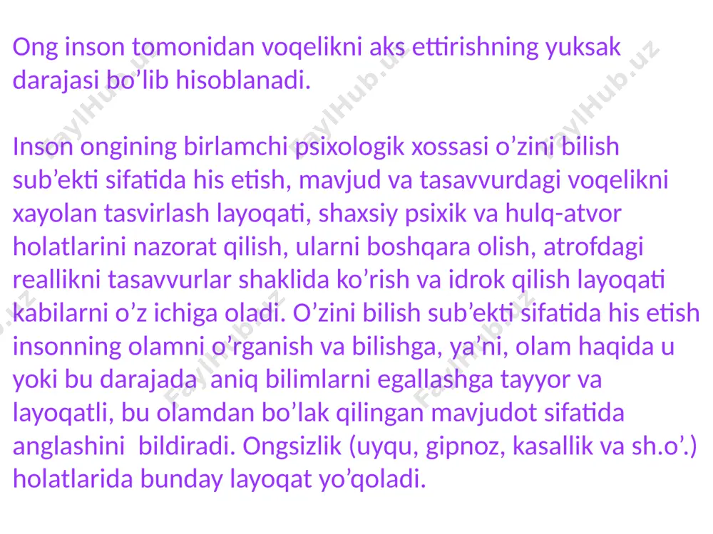hning yuksak darajasi ongsizlik - bu shunday psixik jarayonlar va hodisalar yig‘indisiki, unda inson o‘z xatti-harakatlariga javob bermaydi, anglamaydi. xayolan tasavvur qilish va voqelikni tasvirlash – ongning ikkinchi muhim psixologik xossasi. u, ong kabi yaxlitligicha, iroda bilan uzviy bog’langan. odatda, tasavvurlarni ongli boshqarish va tasavvur qilish haqida ularning inson iroda kuchi yordamida yuzaga kelgan va o’zgarishlarga uchragan holatlarda so’z yuritiladi. ushbu holatda inson ixtiyoriy, ya’ni, ongli ravishda atrofni idrok qilishdan, taalluqli bo’lmagan xayollardan chalg’igan holda, o’z diqqatini qandaydir g’oya, tasavvur, xotira va shu kabilarda jamlab, o’z tasavvurida ushbu damda bevosita ko’rolmaganlarini aks ettiradi va rivojlantiradi. inson tabiat muhitiga oddiy holatda moslashibgina qolmasdan, ongli ravishda mehnat qurollari yasagan holda, uni o’ziga bo’ysundirishga intiladi. shu asnoda inson turmush tarzi ham o’zgarib boradi. atrofdagi tabiatni o’zgartirish maqsadida mehnat qurollari yasash qobiliyati ongli ravishda mehnat qilish layoqati mavjudligini bildiradi inson ongining rivojlanishida inson faoliyatining ijodiy xarakteri muhim ahamiyatga ega. ong inson tomonidan tashqi olamnigina …