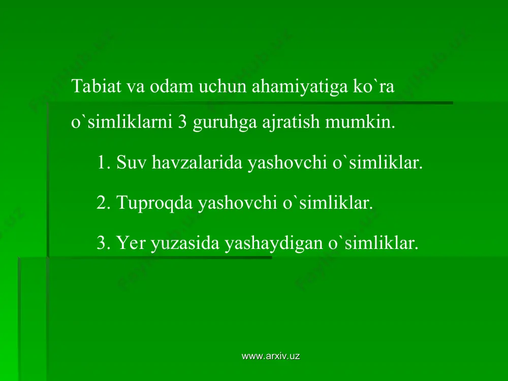 gi, tabiati hamda rivojlanish tarixi uning hamma qismida bir xil emasligi, shuningdek, kishilarning xo`jalik faoliyati hayvonlarning tarkibi va geografik tarqalishiga ta`sir etgan. buning ustiga o`zbekiston hududining 71 % ni tashkil etgan cho`lli qismida hayvonlar yozning jazirama, davomli quruq kunlariga, suvsizlikka, ko`chib yuruvchi qumlarga mosdashgan. www.arxiv.uz www.arxiv.uz o`zbekiston faunasining o`ziga xos tomoni shundayki, uning turlari ko`p bo`lib, sutemizuvchilarning 97 turi, sudralyb yuruvchilarning 57 turi, quylarning 410 turi mavjud. o`zbekiston xayvonlari paleoarktika zoogeografik oblastning markaziy osiyo kichik oblastiga kiradi. jumhuriyat hayvonot dunyosi juda qadimiyligi bilan ajralib turadi. ba`zi xayvon turlari jumhuriyat xududining o`zida paydo bo`lsa, ba`zi turlari turkistonning boshqa joylaridan o`tgan. www.arxiv.uz www.arxiv.uz o`zbekiston xududida paydo bo`lgan hayvon turlariga ingichka barmoqli yumronqoziq, ko`k sug`ur, bobrinskiy qo`shoyog`i, xo`jasavdogar, qum bo`g`ma iloni, turkiston gekkoni, turkiston agamasi, katta kurakburun baliqlar, orol shipi va boshqalar kirib, ular boshka joylarda deyarli uchraymaydi. o`zbekistondagi ba`zi hayvon turlari, chunonchi katta kumsichqon, tamaris qumsichqoni, kichik qo`shyooq, qo`ng`ir yumronkozik, antilopa, sayg`oq, …