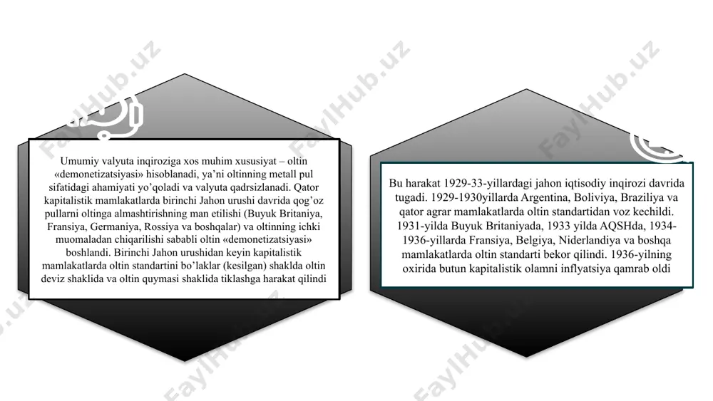 va boshqa mamlakatlarda oltin standarti bekor qilindi. 1936-yilning oxirida butun kapitalistik olamni inflyatsiya qamrab jahon urushi davrida 19391946-yillarda kuchaydi. 60-yillarning oxirida faqat aqshdagina valyutani oltinga almashtirish rasmiy ravishda saqlangan. lekin aqsh faqat kapitalistik mamlakatlarning markaziy banklarigagina dollarni oltinga almashtirgan, aqshda esa fuqarolarga oltin pullarni saqlash man etilgan. ikkinchi jahon urushidan keyin aqsh rahbariyatining kapitalistik mamlakatlarga oltin o’rniga dollardan xalqaro pul sifatida foydalanishni taklif qilishi natijasida bu jarayon yanada kuchaydi aqsh oltin bahosini sun’iy ravishda pasaytirish siyosatini yuritdi. bu esa urushdan keyingi dastlabki yillarda aqshning boshqa mamlakatlardan oltin sotib olishini ancha yengillashtirdi. 1949-yilning oxirida aqsh kapitalistik olam oltin zaxirasining 70 foizidan ortig’iga egalik qilgan. natijada aqsh dollari xalqaro hisob-kitoblarda keng qo’llanildi, bu esa xalqaro kapitalistik valyuta tizimi barqarorligiga putur yetkazdi bu oltin qazib olinishini to’xtatish va fuqarolarning oltinga bo’lgan talabi oshishiga olib kelgan. valyuta inqirozini 3 turga ajratish mumkin: 1 ichki qarzlarning o’zgarishi natijasida yuzaga keluvchi valyutainqirozi 3 2 to’lov balansining …