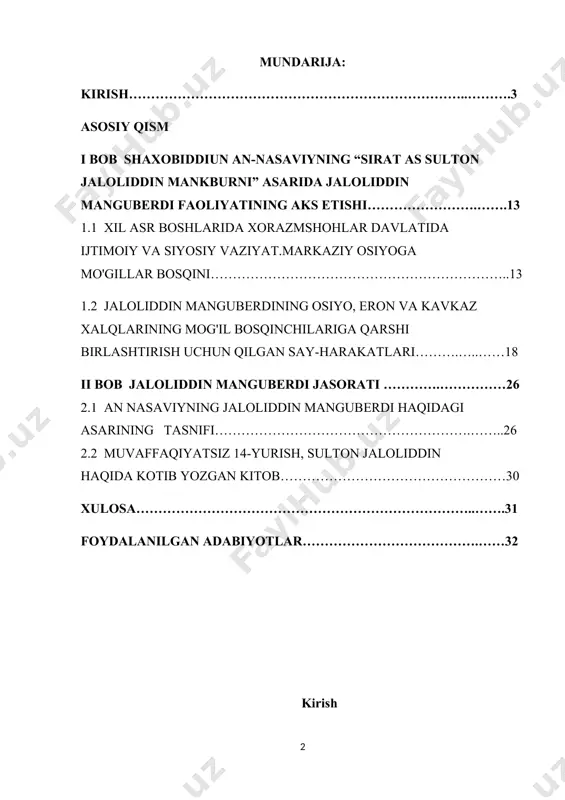 staqil fikrga ega bo‘lib, doim adolat yuzasidan ish ko‘rgan. an-nasaviyning yozishicha, xorazmshoh sulton muhammad barcha ishlarda dono vaziri shaxobiddin xivaqiy bilan maslahatlashgan va uning fikrlariga quloq solgan. mo‘g‘ullar hujumi jarayonidagi voqealar bu ulkan saltanatning siyosiy asoslari ancha bo‘sh ekanligini ko‘rsatdi. mamlakatdagi turli siyosiy kuchlar o‘rtasidagi hokimiyat uchun kurash, xalq millat uchun og‘ir kunlarda dushmanga qarshi yakdil bo‘lib birlasha olmaslik, aksincha, o‘zaro nizo, fisqu-fasodlarning yanada kuchayishi, oxir-oqibat saltanatni halokatga olib keldi. zamondoshlarini va keyingi avlod vakillarini hayron qoldirib, juda qisqa muddatda (uch yil davomida) mag‘lub bo‘lgan bu ulkan saltanatning va uning hukmdori xorazmshoh sulton muhammadning achchiq taqdiri hozirgi avlod uchun achchiq saboq bo‘lmog‘i lozim. zero, tarix saboq olish uchun…. kurs ishi maqsadi va vazifasi: bor-yog`i o`ttiz ikki yilgina umr ko`rgan bu bahodir zotning mo`tabar nomi o`z zamonasida dunyo bo`ylab qanchalar dovruq taratgan bo`lsa, oradan ko`p-ko`p asrlar o`tgach ham mardlik va ozodlik uchun kurash, el-yurtga fidoyilik timsoli sifatida yashab kelmoqda. uning qahramonligi …