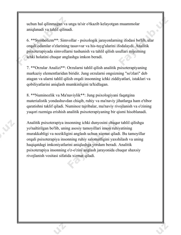 figura sifatida ajratish kerak bo'lsa. odamlar ma'lumotlarni aniqlashda shu tamoyildan foydalanadilar. gestalt psixologiyasi inson qabul qilish jarayoniga yangi yondashuvni taqdim etdi va kundalik hayotda insonlar nimani qabul qilishi va qanday tushunishi kerakligini tahlil qilish uchun keng ko'lamda qo'llanilmoqda. bu maktab vizual san'at, dizayn, ta'lim va boshqa ko'plab sohalarda tatbiq etilmoqda, chunki unga ko'ra, insonlar ma'lumotni qanday qabul qilishi va ortiqcha ma'lumotdan qanday xalos bo'lishi mumkinligini o'rgatadi. gestalt psixologiyasi inson tushunchalarini va ular haqida tushunishni rivojlantirishda muhim vosita bo'lib qolmoqda. 3. analitik psixoterapiyada ong osti tushunchasi analitik psixoterapiyada ong osti tushunchasi muhim ahamiyatga ega. ushbu tushuncha psixologiyaga sigmund freud tomonidan kiritilgan bo'lib, psixoanalizning asoslaridan birini tashkil etadi. ong osti tushunchasi shuni anglatadiki, inson ongli fikr jarayonlaridan tashqari, ong osti jarayonlari ham mavjud bo'lib, ular insonning ongli xatti-harakatlari va qarorlariga ta'sir qiladi. ong osti jarayonlarining muhimligi shundaki, ular ko'pincha insonga sezilmaslik xususiyatiga ega bo'lib, ko'p hollarda inson ong osti ehtiyojlari, tajribalari va …