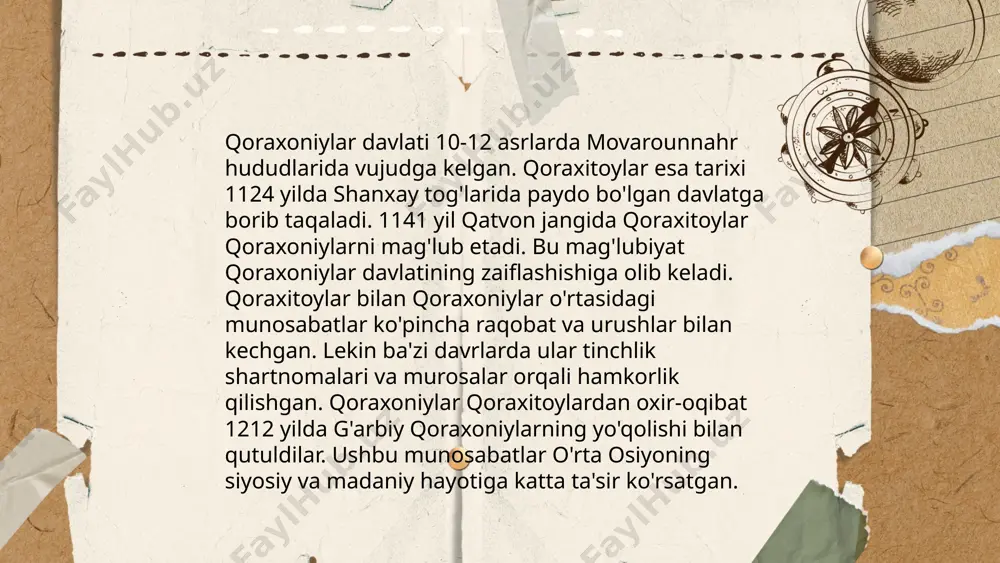 hududlarini kengaytirishga intilgan. chingizxon boshchiligidagi mo‘g‘ul qo'shinlari 1211-yilda qoraxitoylar hududiga bostirib kirib, ularga qarshi jang boshladilar. qoraxitoylar o‘zining davlat suverenitetini yo‘qotib, mo'g‘ullar davlatiga tobe bo‘lib qoldi. ushbu aloqa orqali mo'g‘ullar markaziy osiyo va sharqiy turkistonni o‘z ichiga olgan keng hududga ta'sir o‘tkaza boshladilar. bu davrda qoraxitoylar va mo'g'ullar o‘rtasidagi siyosiy munosabatlar mintaqa tarixidagi muhim burilish nuqtasi bo‘ldi. ... t.me/slaydai_bot 10. qoraxitoylar hukmdorlari qoraxitoylar davlati (1124–1218) markaziy osiyo va xitoyning shimoli-g'arbida joylashgan ko'chmanchi davlat edi. ularning hukmdorlari yeluy sulolasidan kelib chiqqan bo'lib, qidan xalqidan edi. eng mashhur hukmdorlardan biri yeluy dashi (g'arbiy liao) edi, u 1143-yilda taxtga chiqib, mamlakatning qudratini oshirdi. qoraxitoy davlati o'z cho'qqisiga 12-asrda yetib, iqtisodiy va harbiy jihatdan kuchli bo'ldi. qoraxitoylar islom dunyosi bilan yaqin aloqalar o'rnatib, ko'plab savdo yo'llarini nazorat qilgan. ularning hukmronligi 1218-yilda chingizxonga tobe bo'lishlari bilan yakun topdi. ... t.me/slaydai_bot qoraxitoylar sulolasi davrida ilm-fan rivoji ancha muhim bosqichga erishdi. ushbu davrda astronomiya va matematika sohalarida …